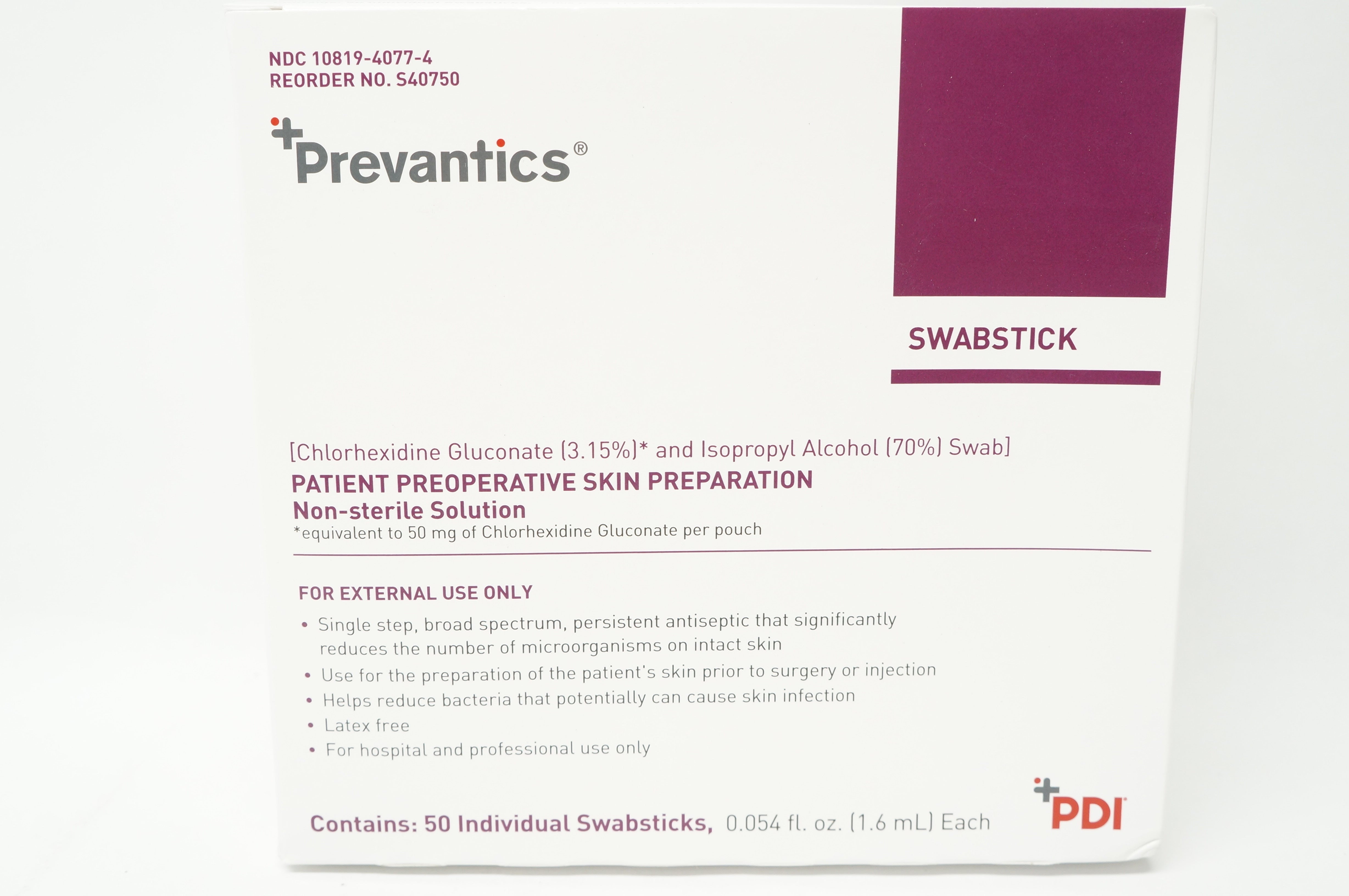 PDI S40750 Chlorhexidine Gluconate Isopropyl Swabstick 0.054 fl.oz- Box of 50