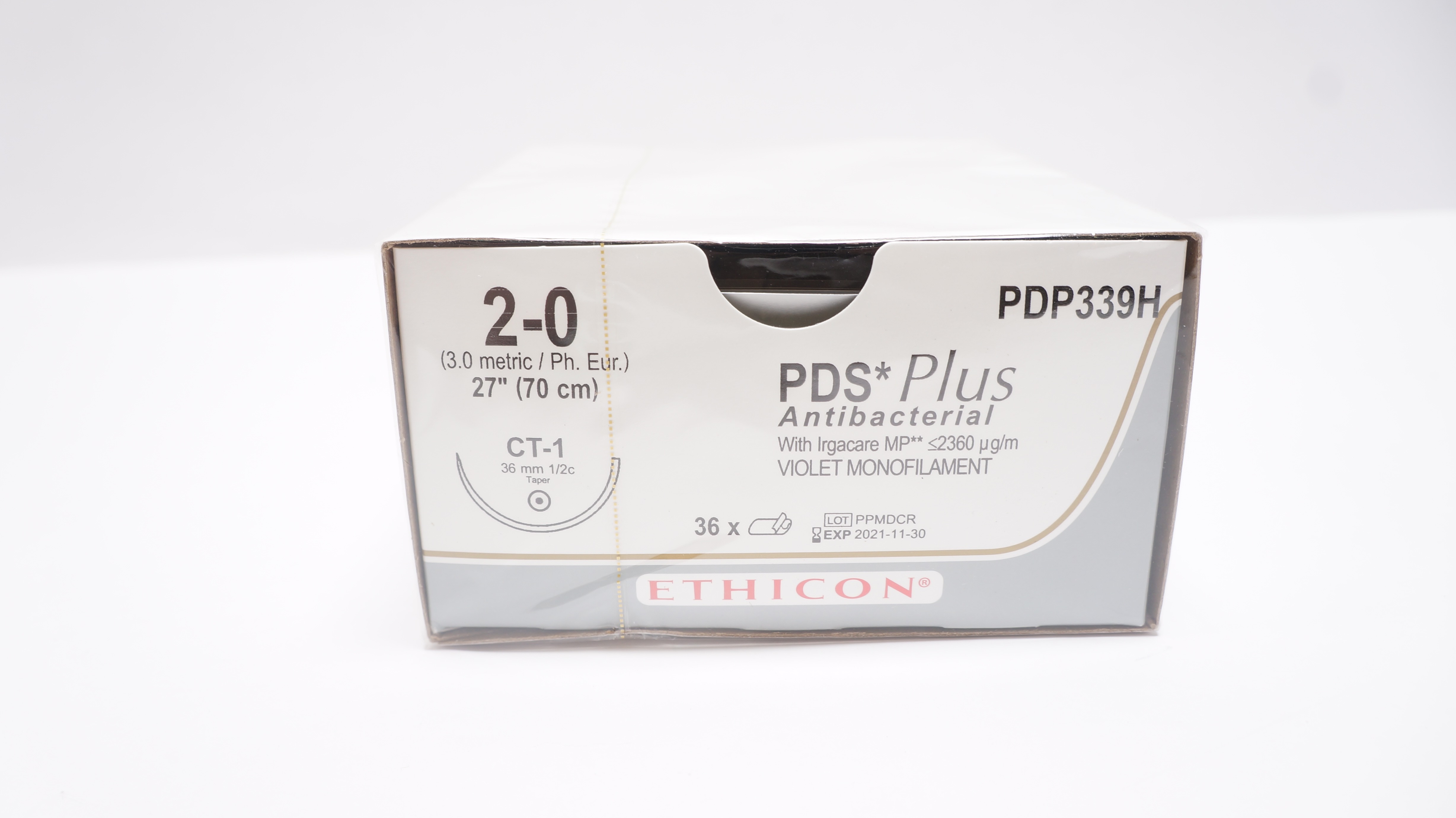 Ethicon PDP339H 2-0 PDS Plus, CT-1, 36mm 1/2c Taper, 27inch (x) - Box of 36