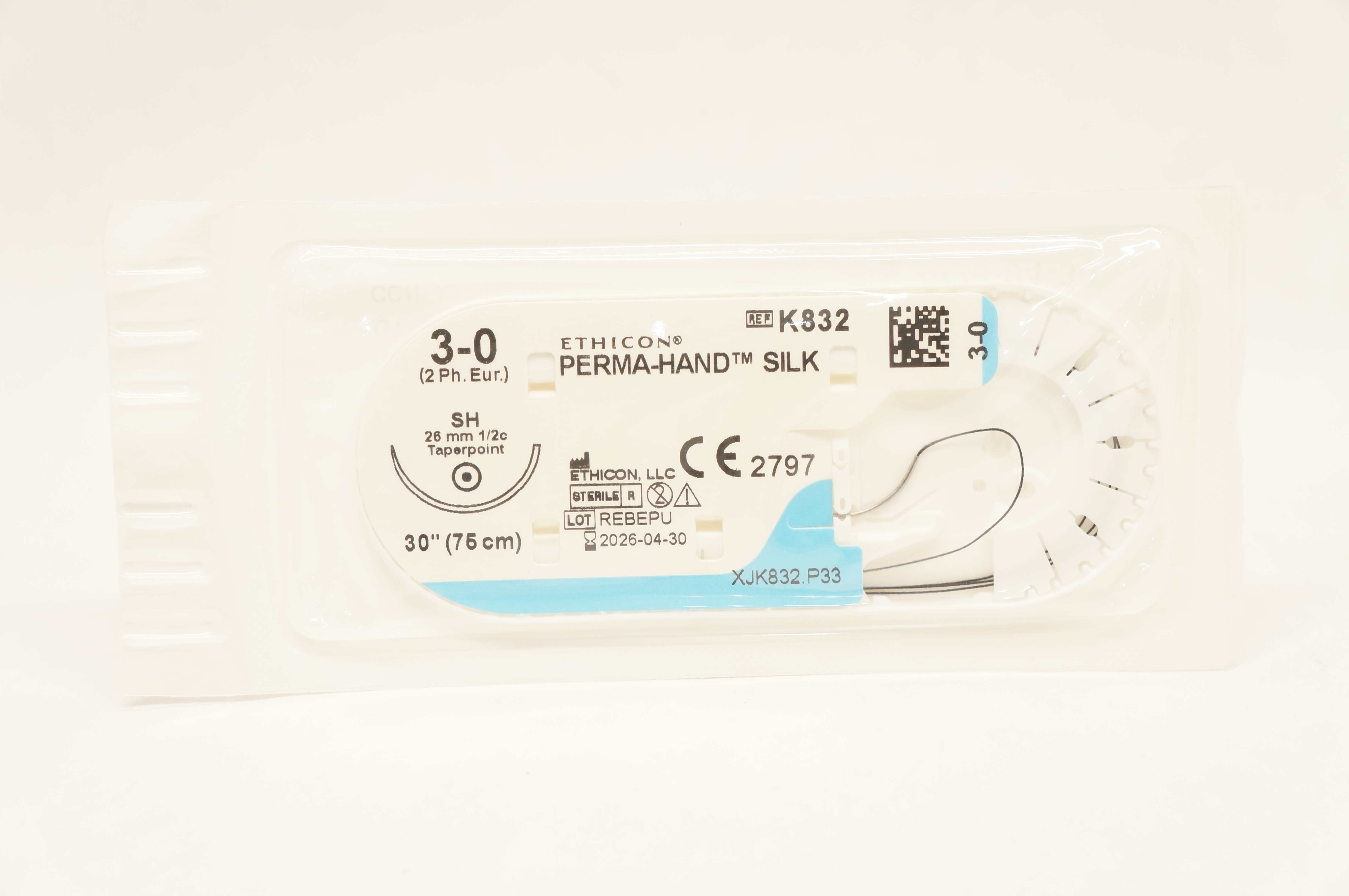 Ethicon K832 3-0 PERMA-HAND SILK Stre SH 26mm 1/2c Taperpoint, 30inch