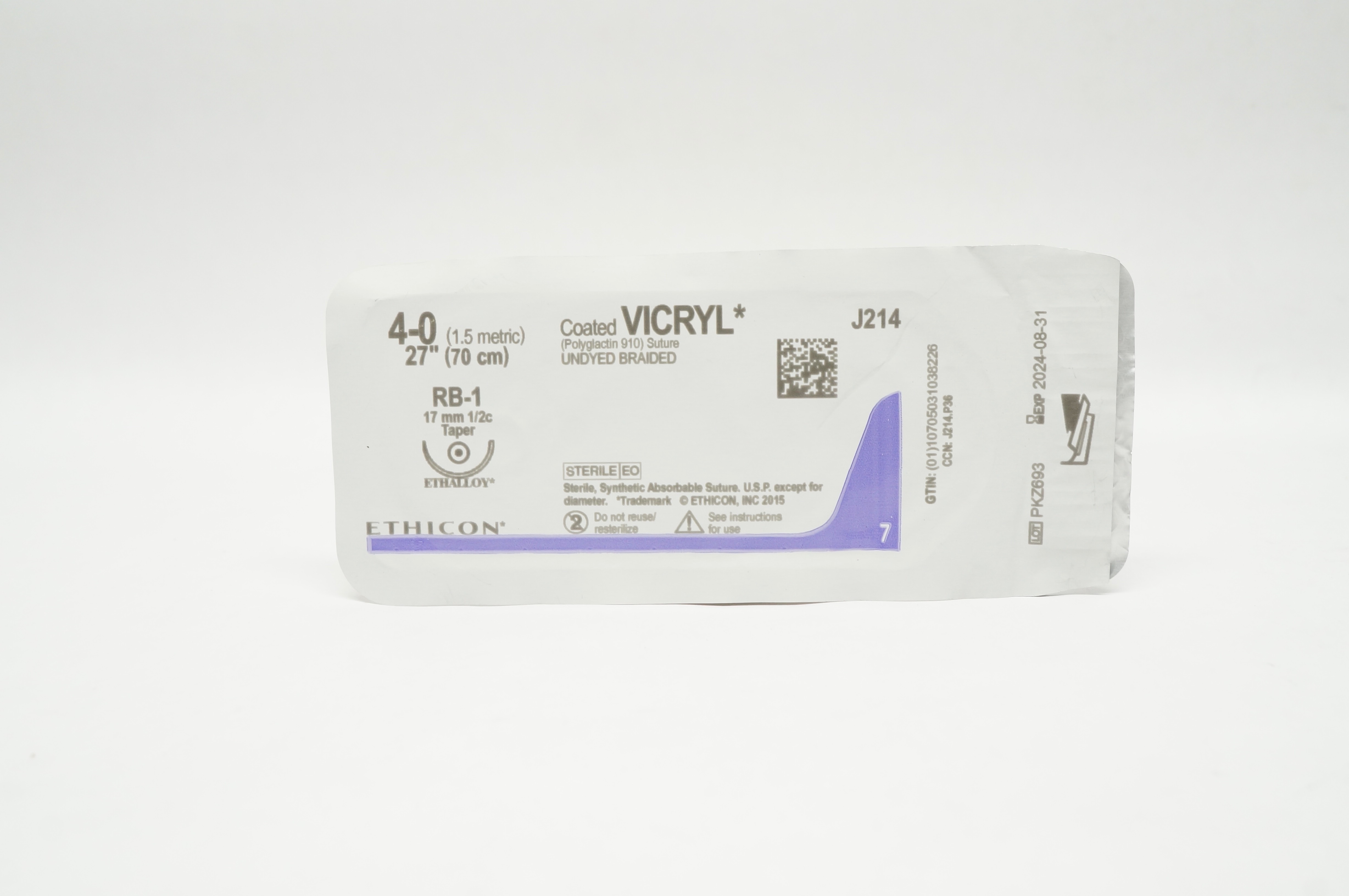 Ethicon J214 4-0 Coated Vicryl Undyed Braided RB-1 Taper 17mm 1/2c 27In