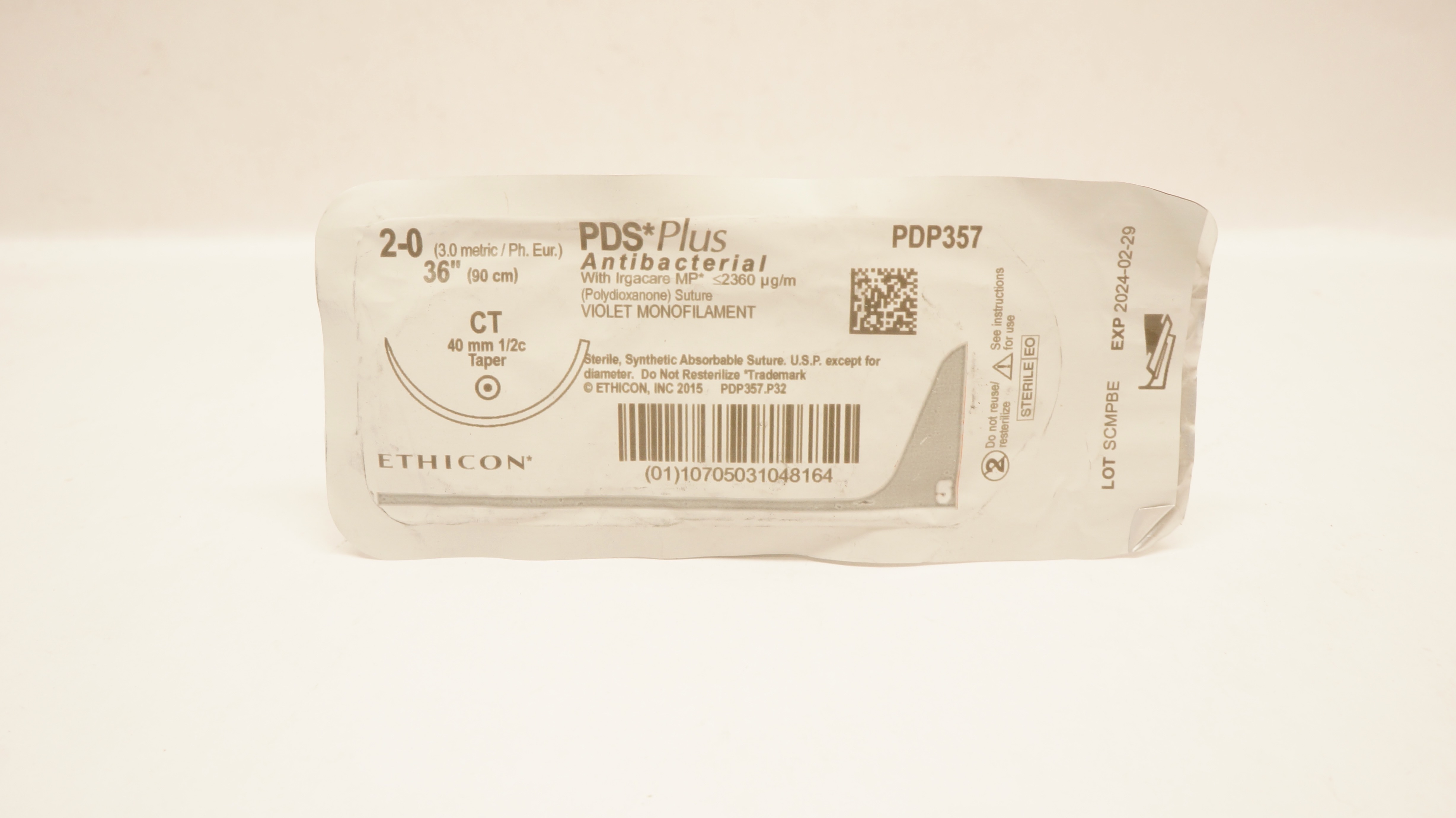 Ethicon PDP357 2-0 PDS Plus, CT, 40mm 1/2c Taper, 36inch