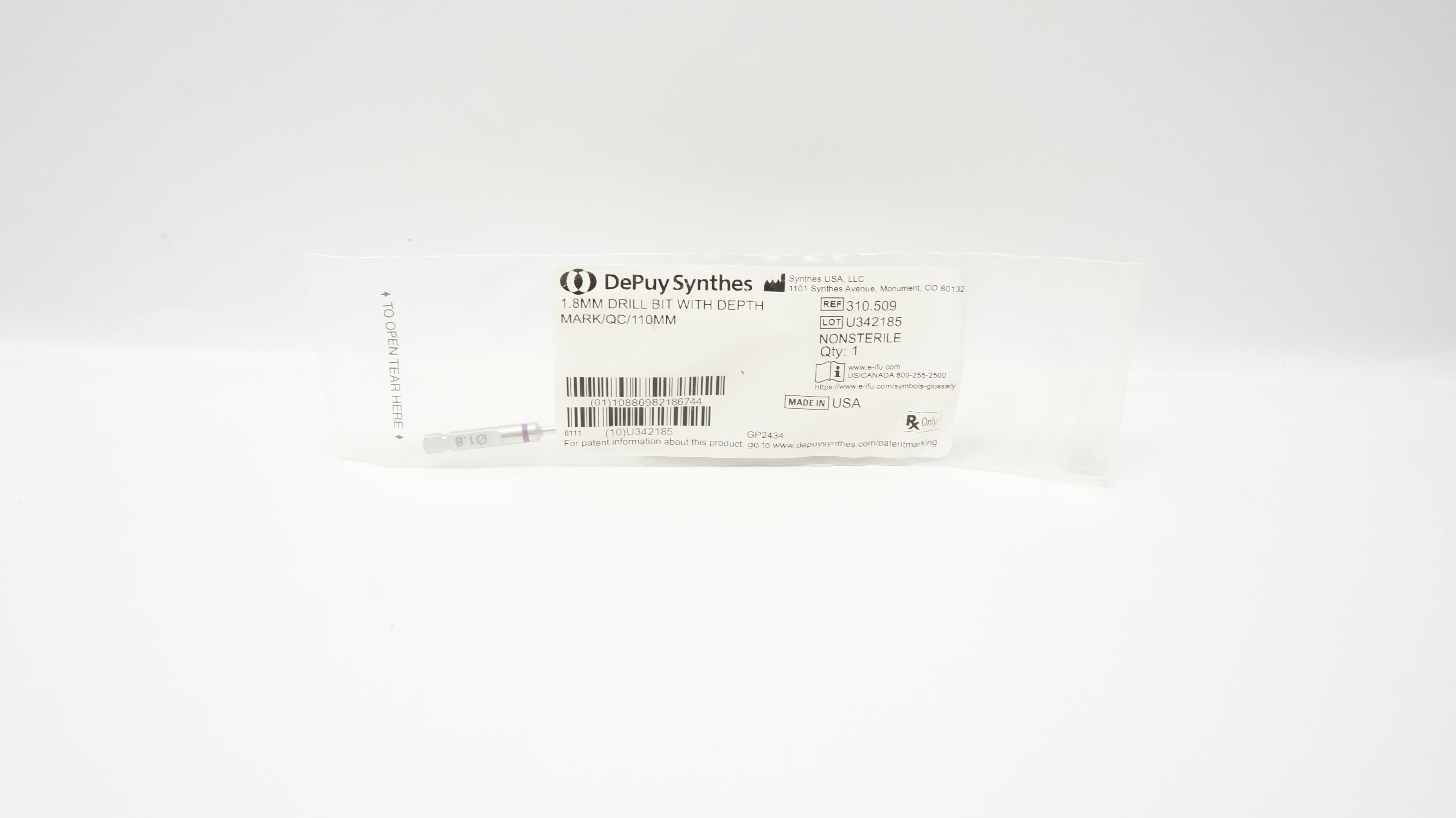 DePuy Synthes 310.509 Drill Bit W/Depth Mark/QC/110mm, 1.8mm