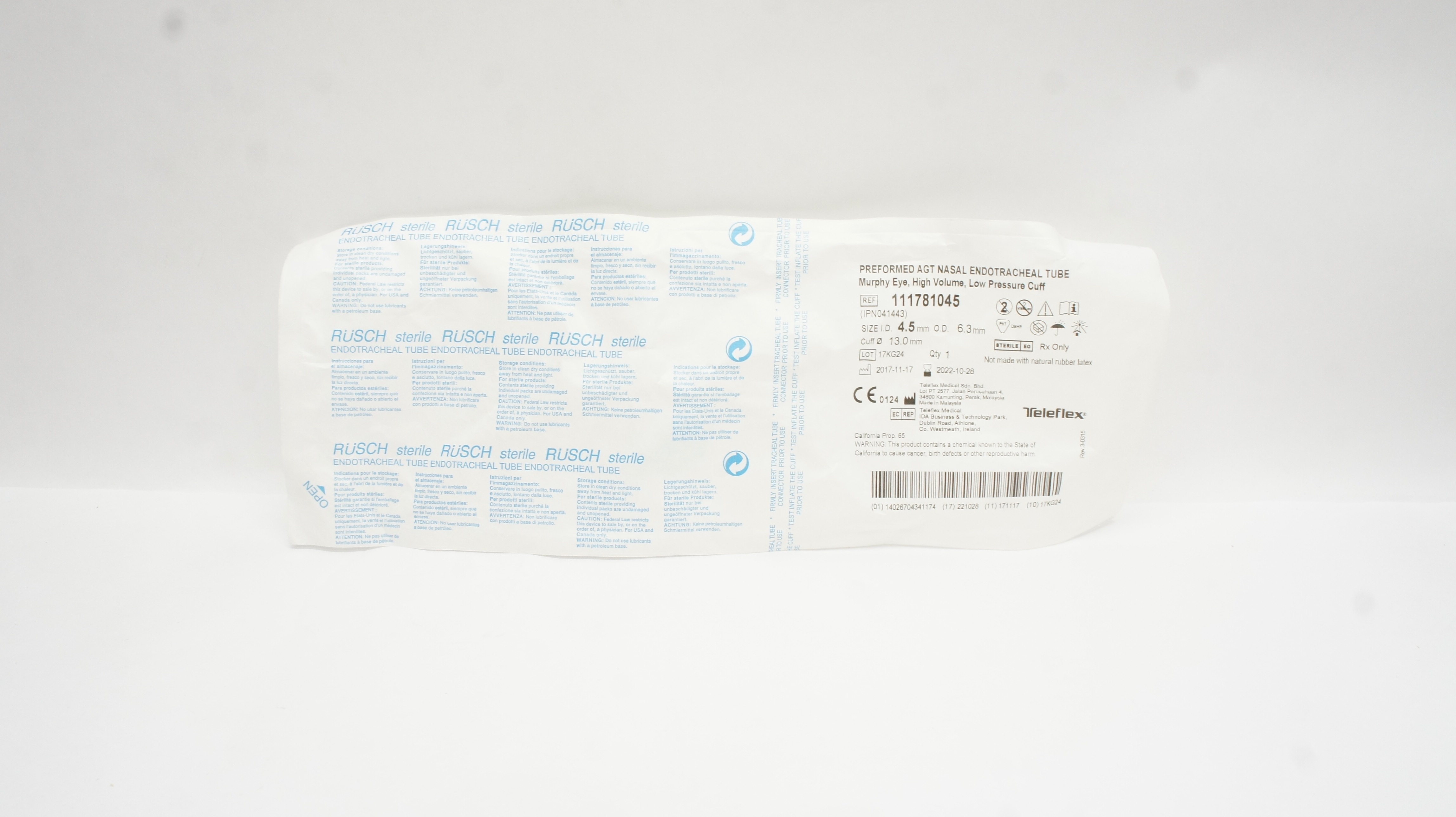 Teleflex 111781045 Preformed Agt Nasal Endotracheal Tube 4.5mmID x 6.3mmOD (x)