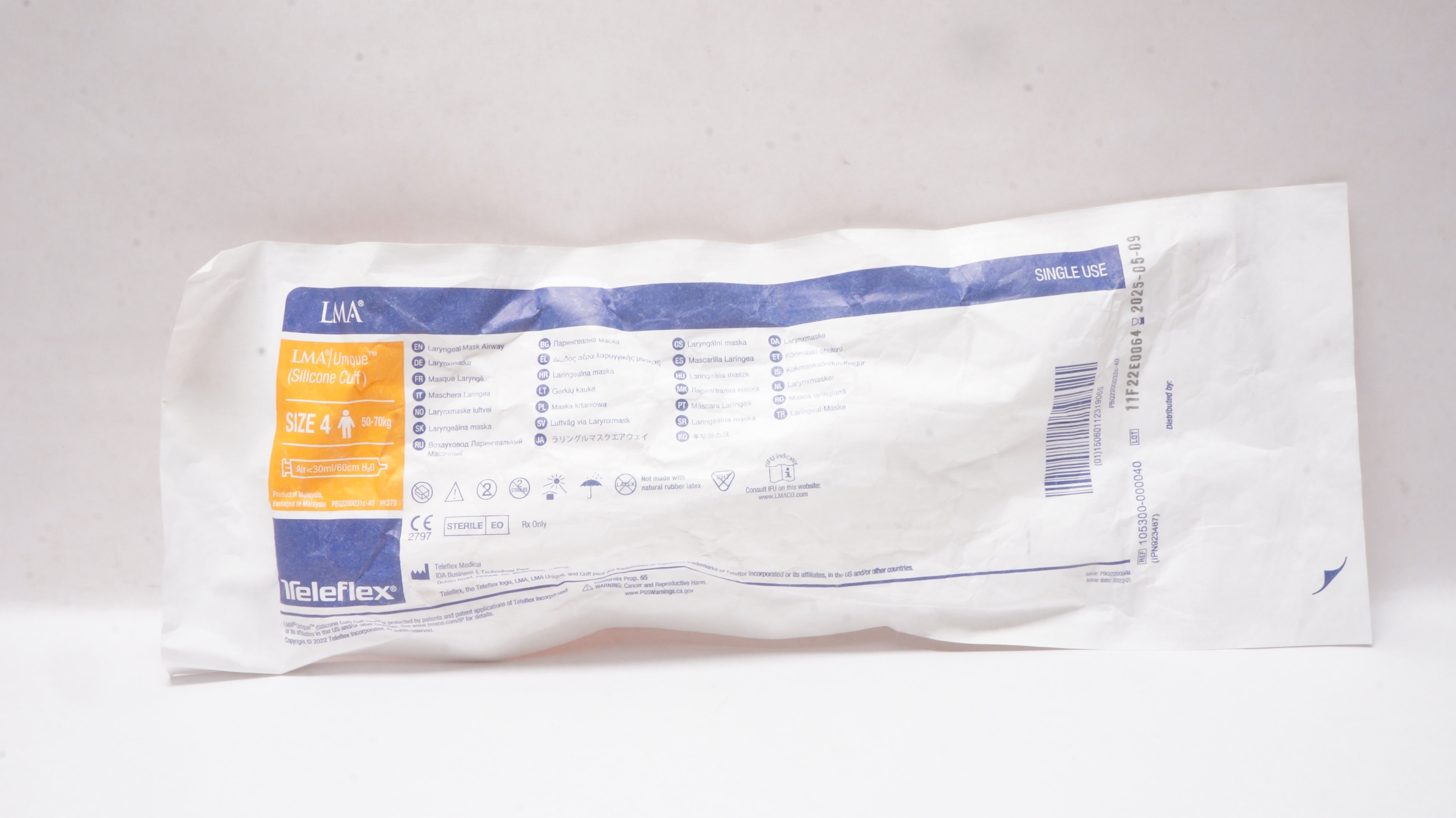 Teleflex 105300-000040 Laryngeal Mask Airway, Size 4 50-70kg <30ml/60cm H2O