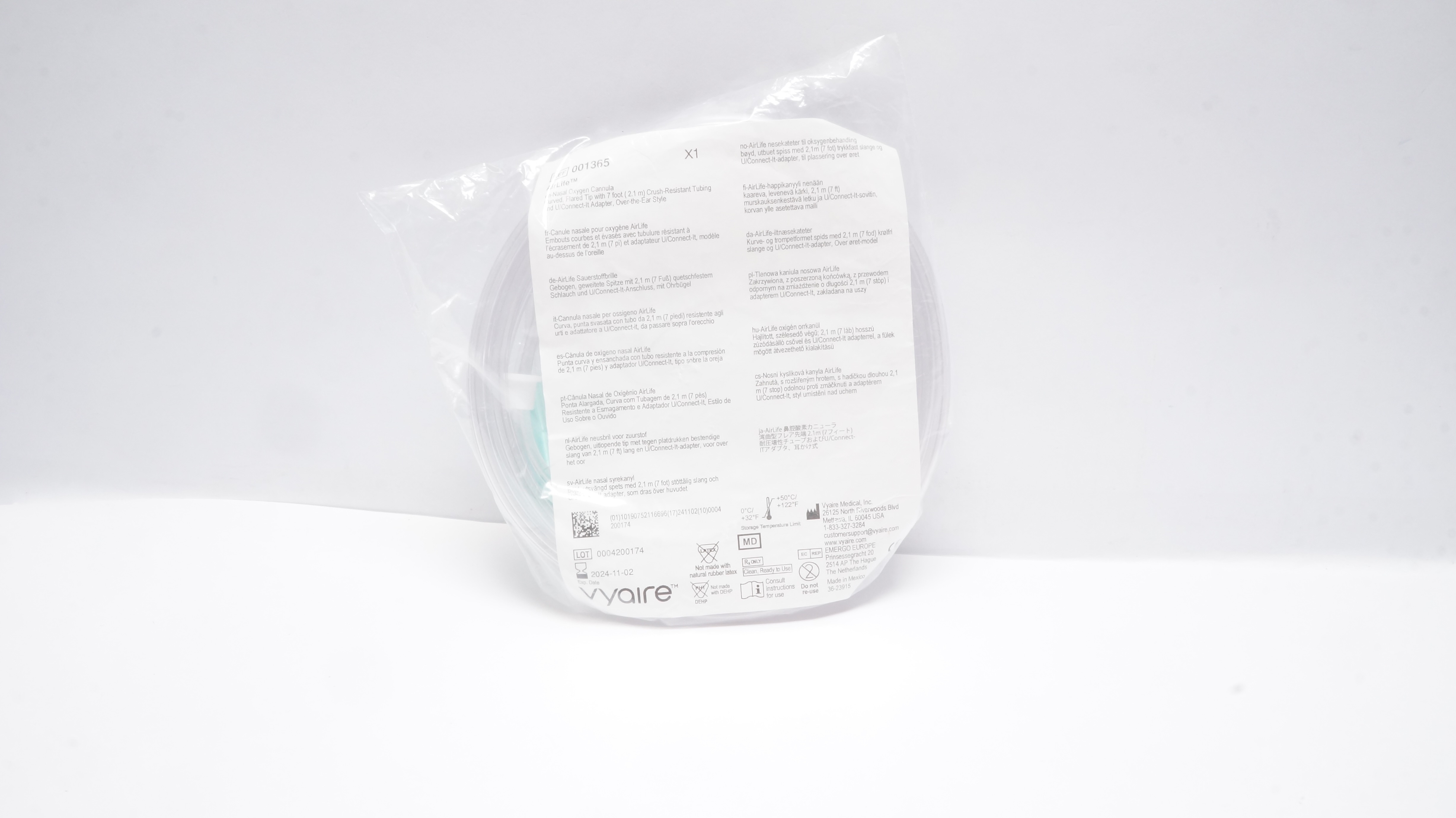 Vyaire 001365 AirLife Nasal Oxygen Cannula W/7ft. Crush-Resistant Tubing