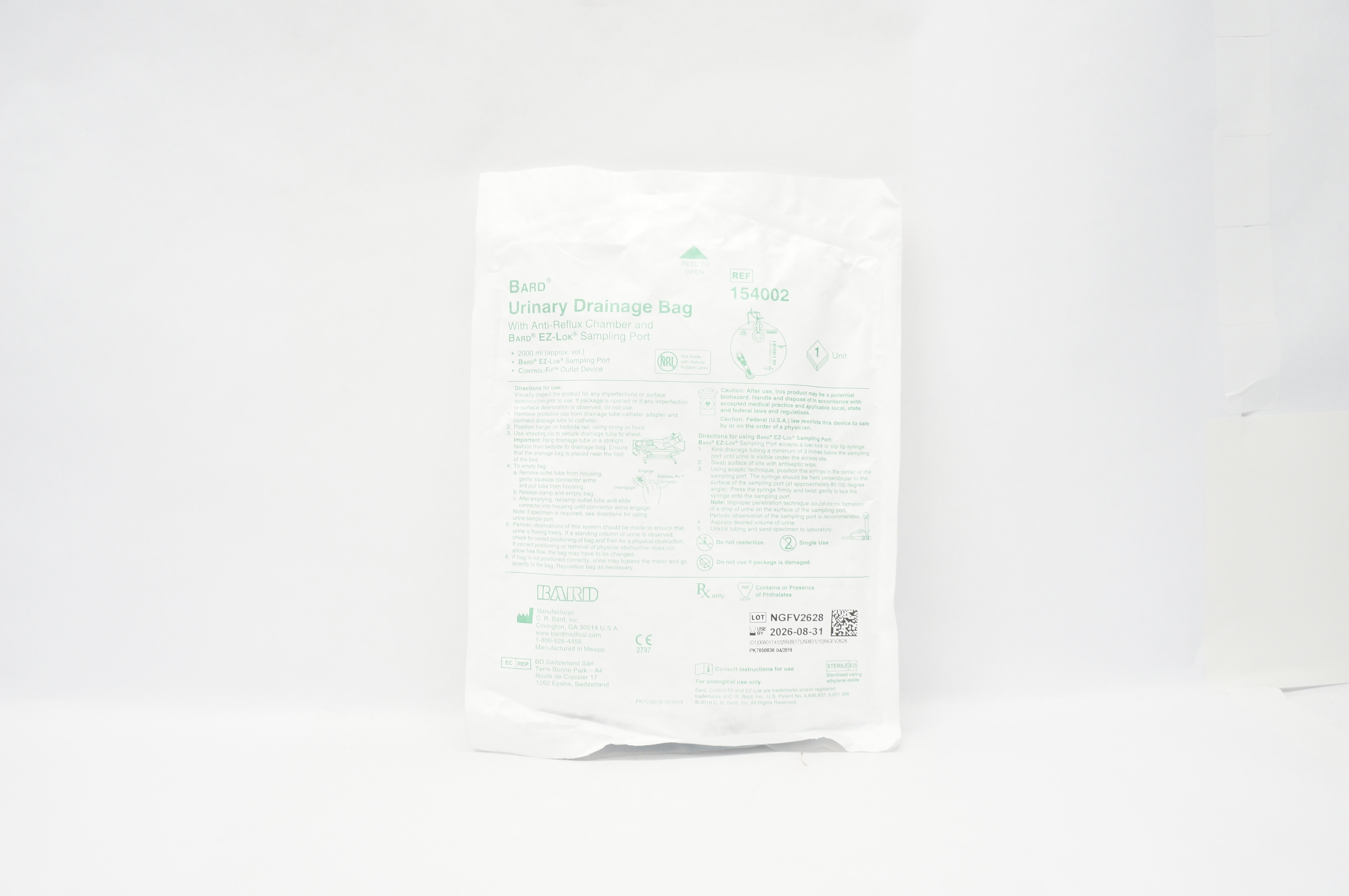 Bard 154002 Urinary Drainage Bag with Anti-Reflux Chamber & Sampling Port 2000ml