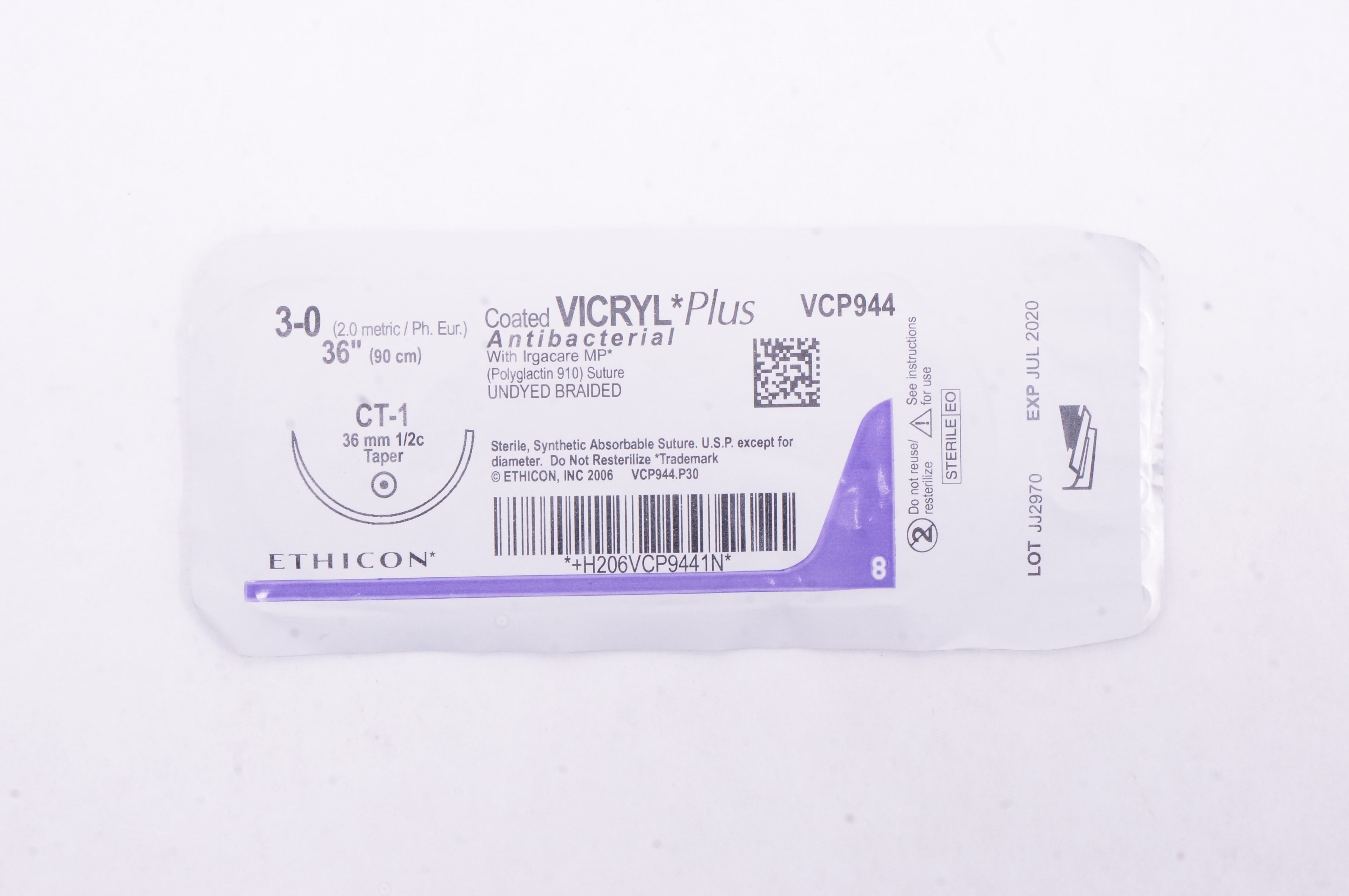 Ethicon VCP944 3-0 Coated VICRYL Plus, CT-1 36mm 1/2c Taper, 36inch (x)