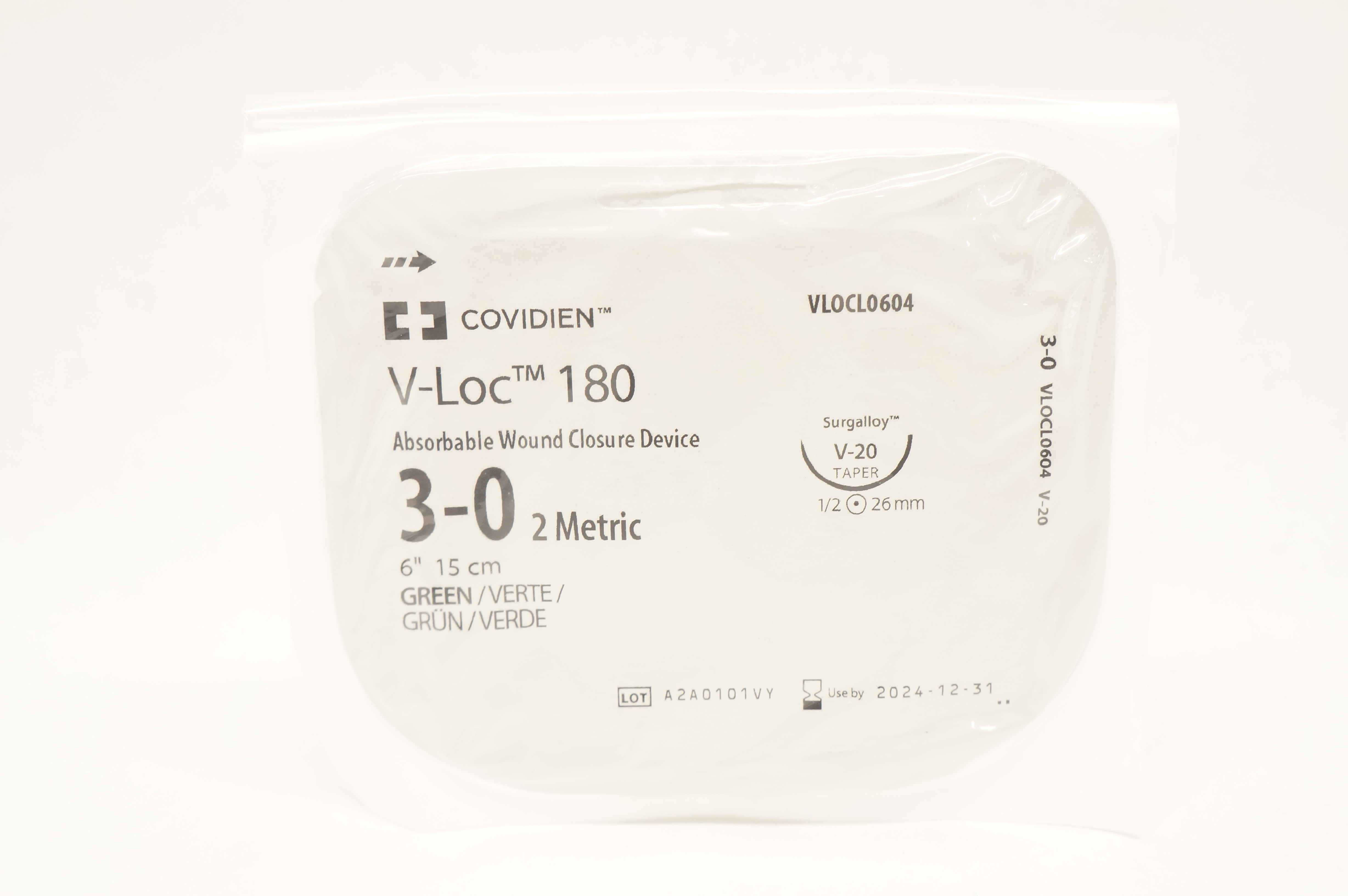 Covidien VLOCL0604 3-0 V-Loc 180 Wound Closure Device V-20 26mm 1/2c Taper, 6inch