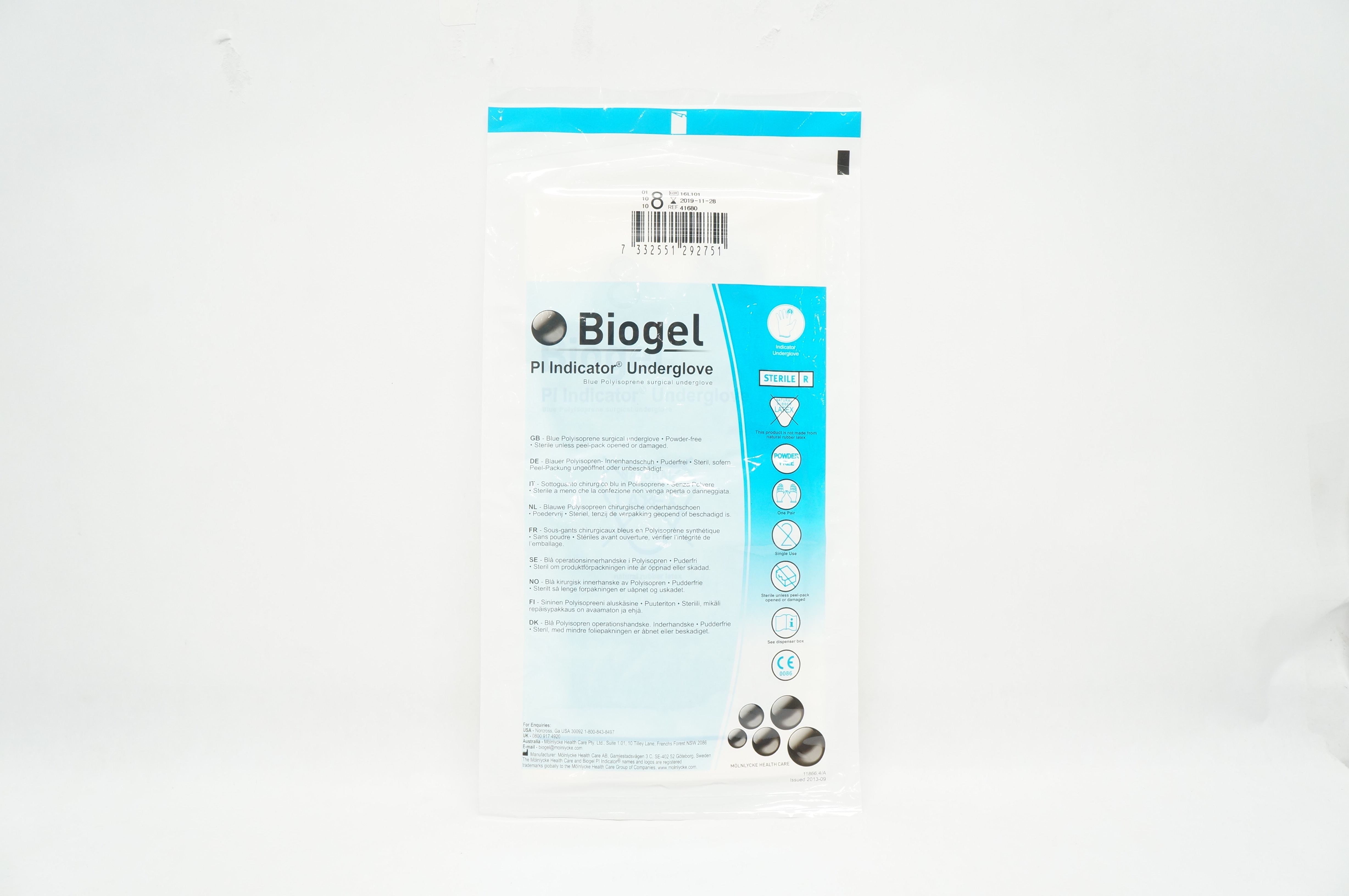 Molnlycke HealthCare 41680 Biogel Pl Indicator Surgical Underglove, Size 8 (x)