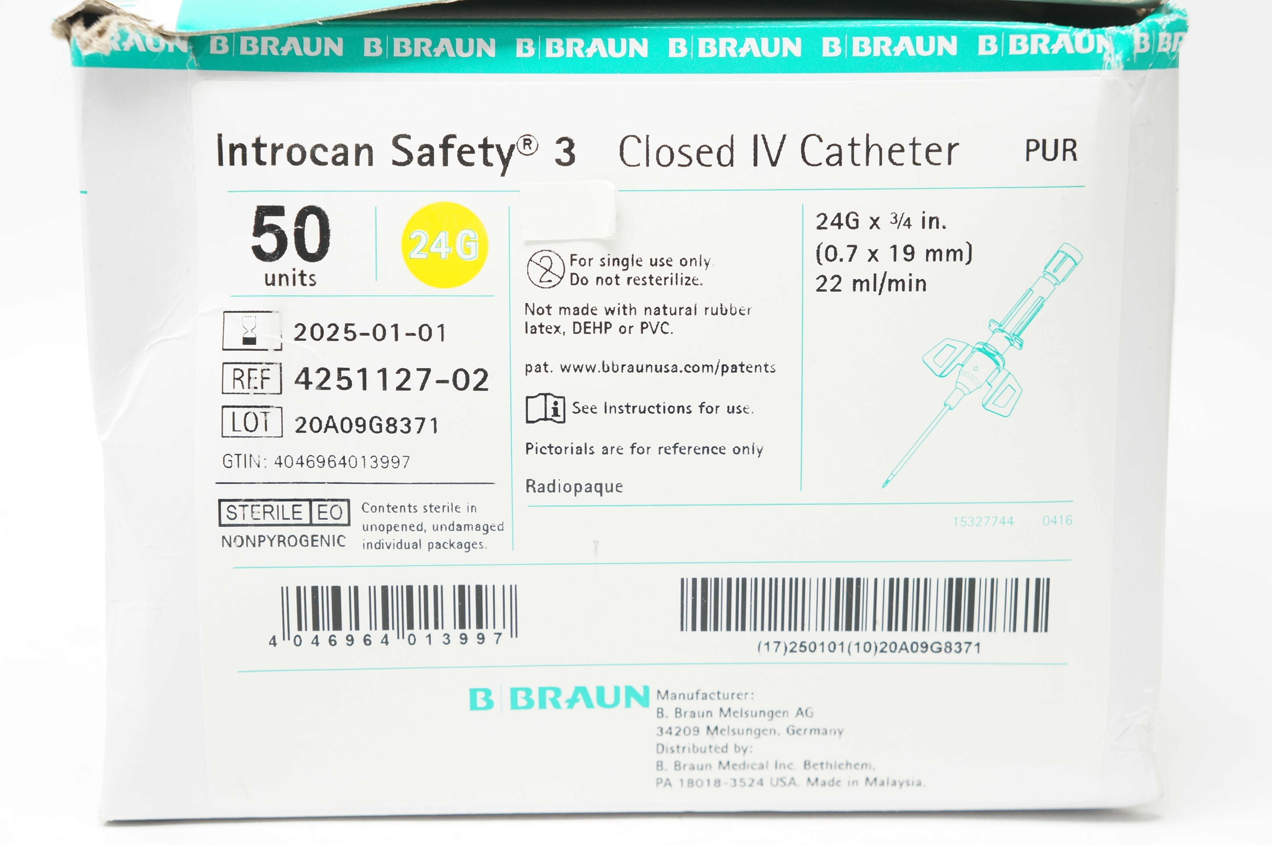 Braun 4251127-02 Introcan Safety 3 Closed IV Cath. 24G x 3/4inch - Box of 50