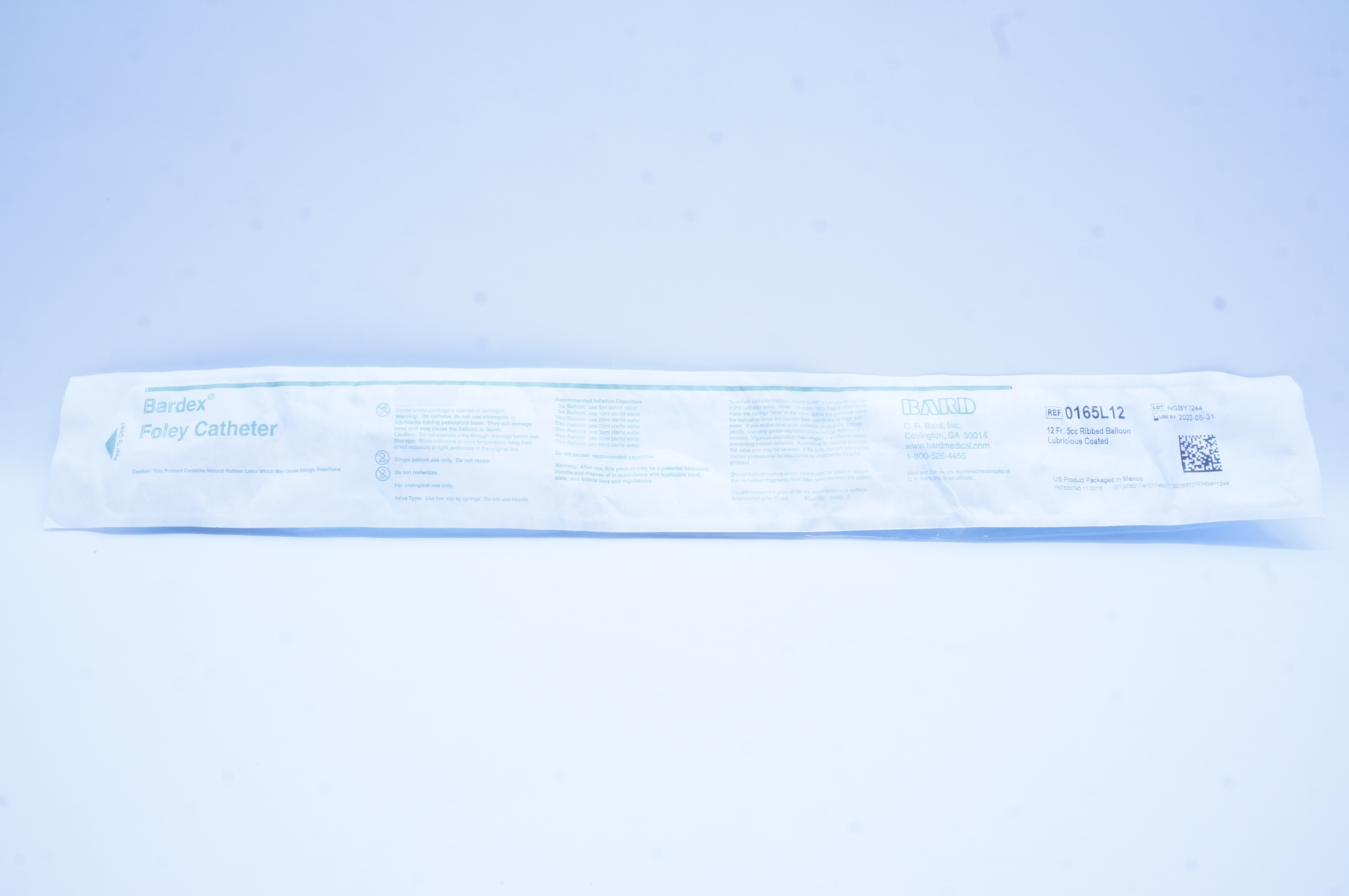 Bard 0165L12 Bardex Foley Cath. 12Fr x 5cc Ribbed Balloon