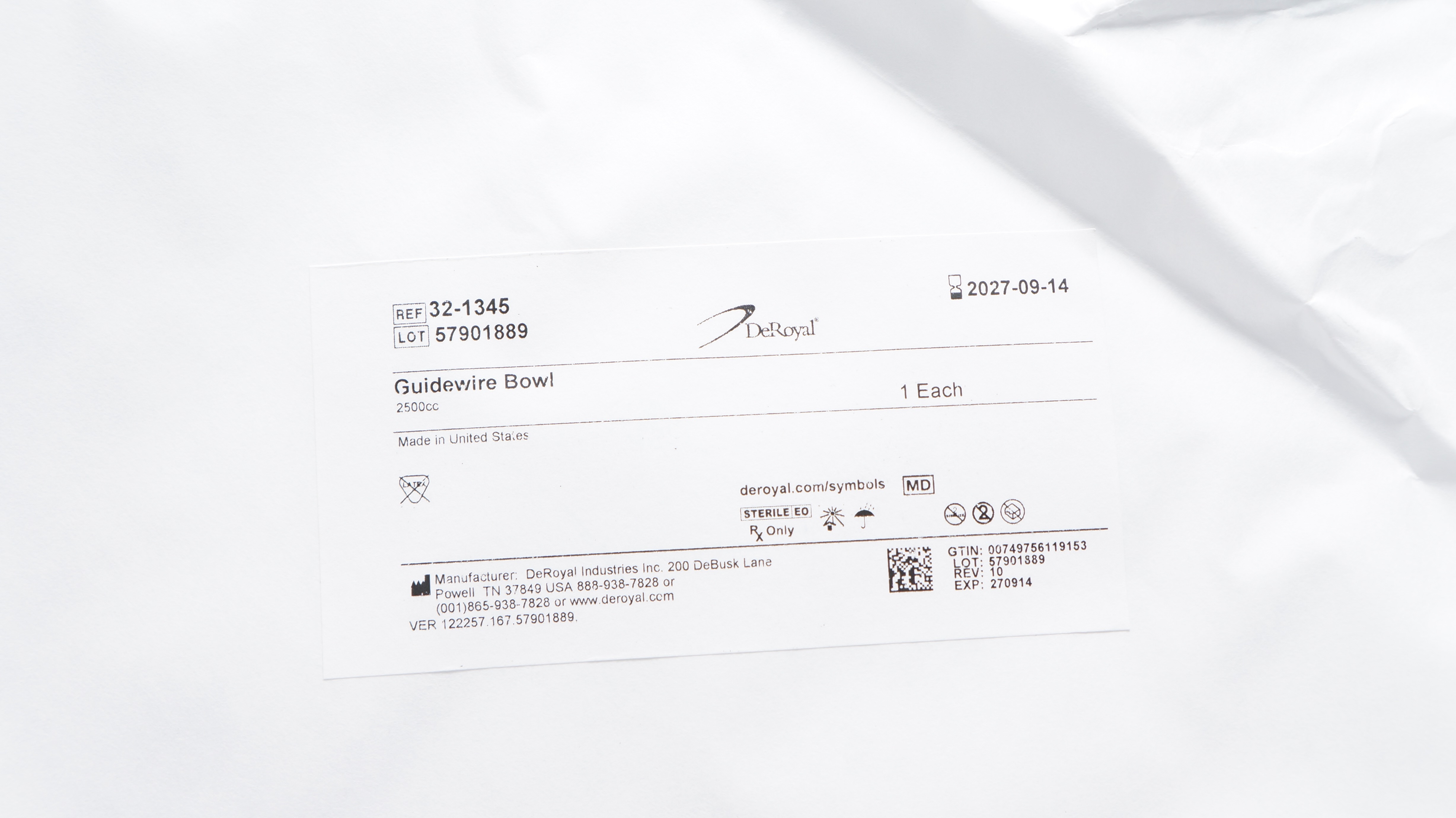 DeRoyal 32-1345 Guidwire Bowl 2500cc