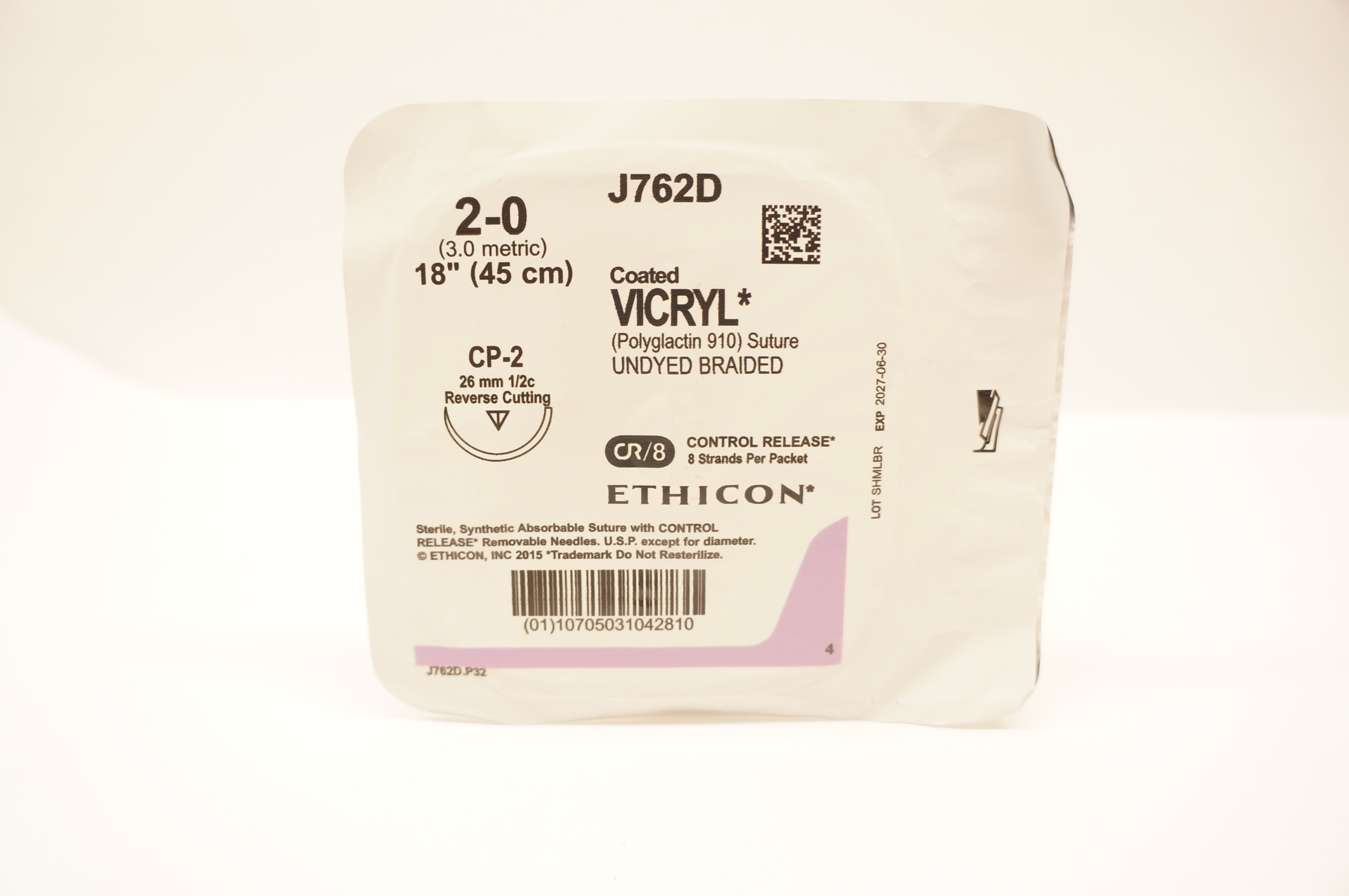Ethicon J762D 2-0 Coated VICRYL Stre CP-2 26mm 1/2c Reverse Cutting, 18inch
