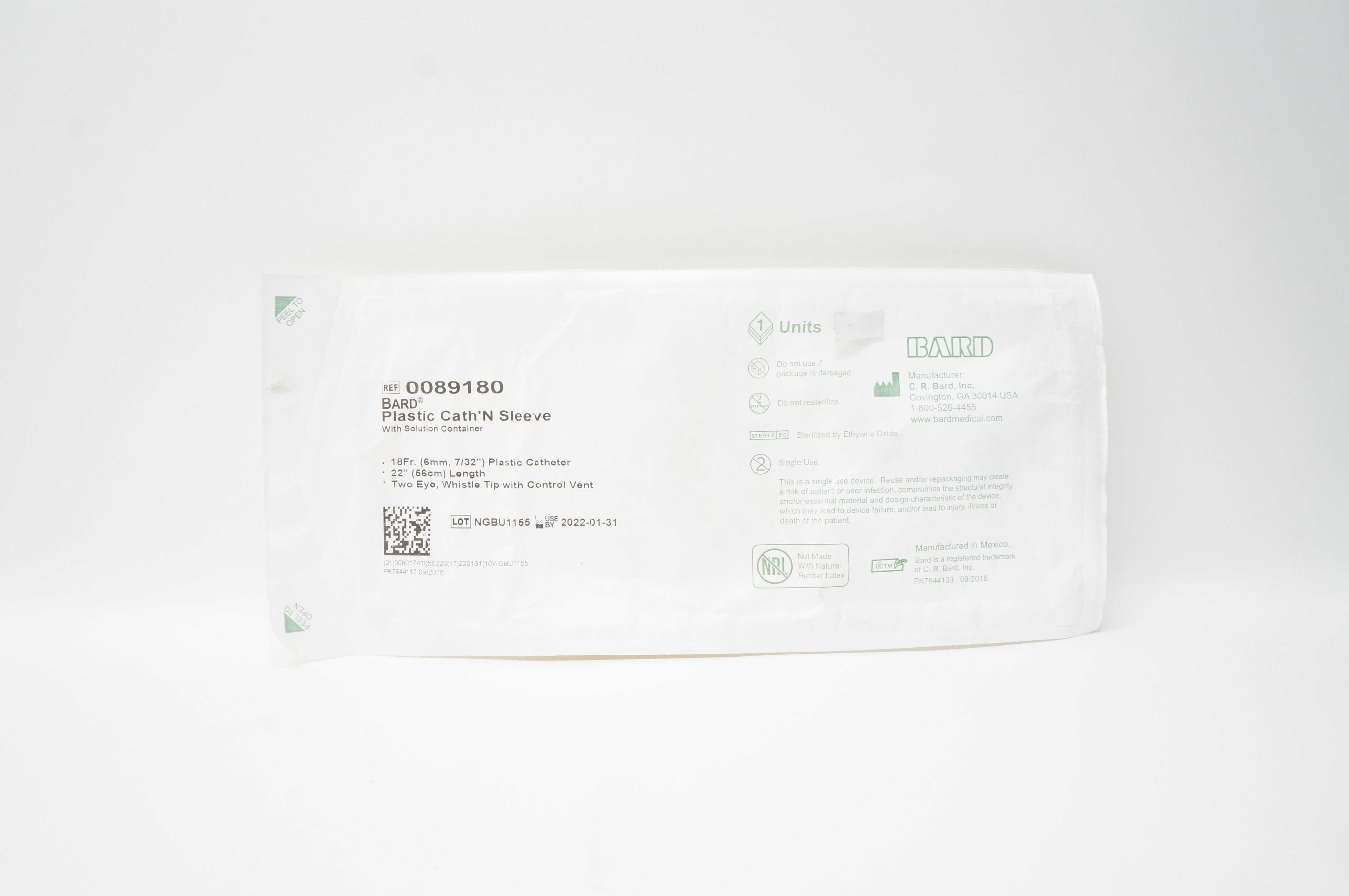 Bard 0089180 100% Latex-Free Plastic Cath'N Sleeve w/ Solution Container 18Fr(x)