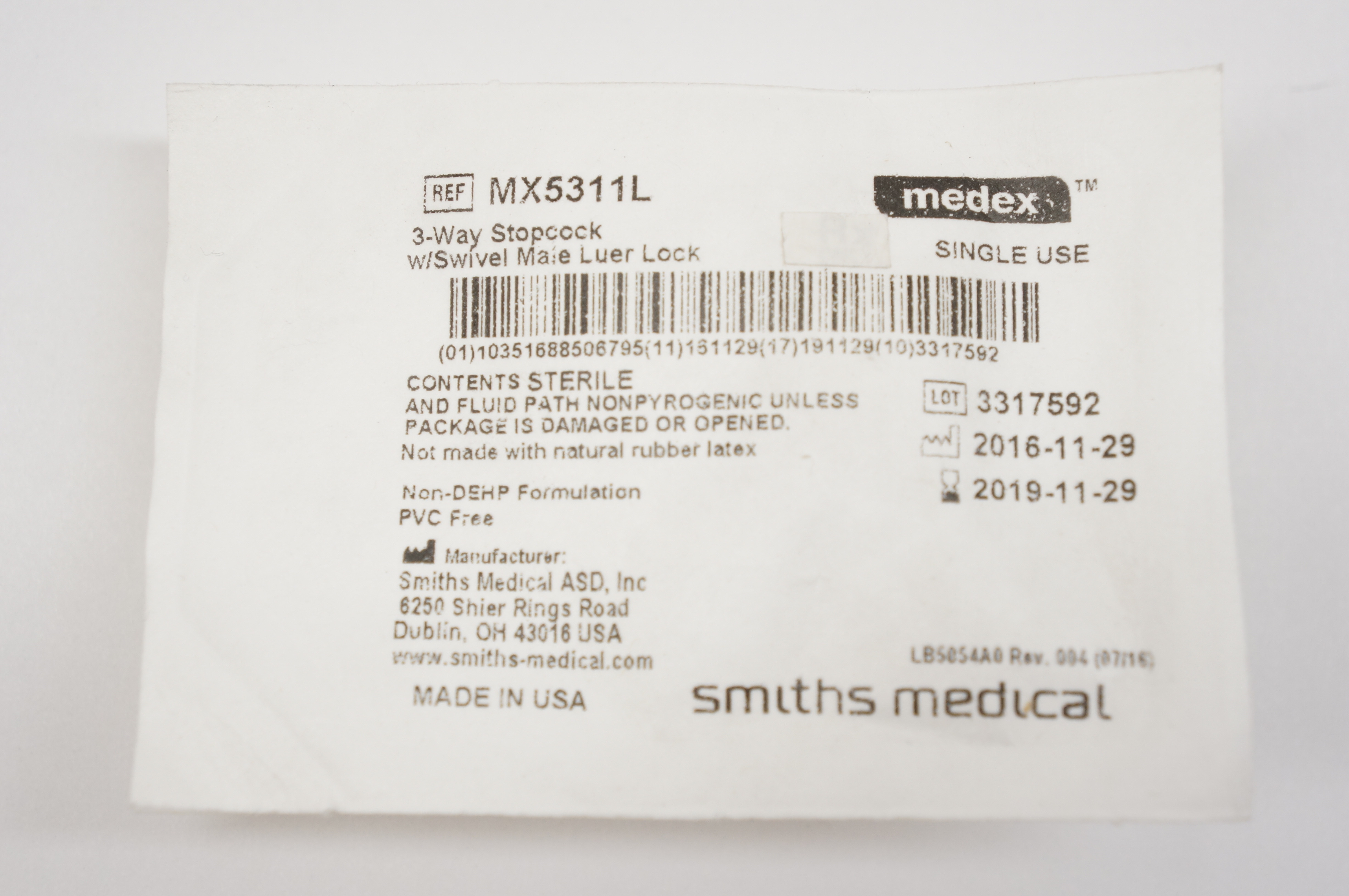 Smiths Medical MX5311L Medex 3-Way Stopcock w/Swivel Male Luer Lock (x)