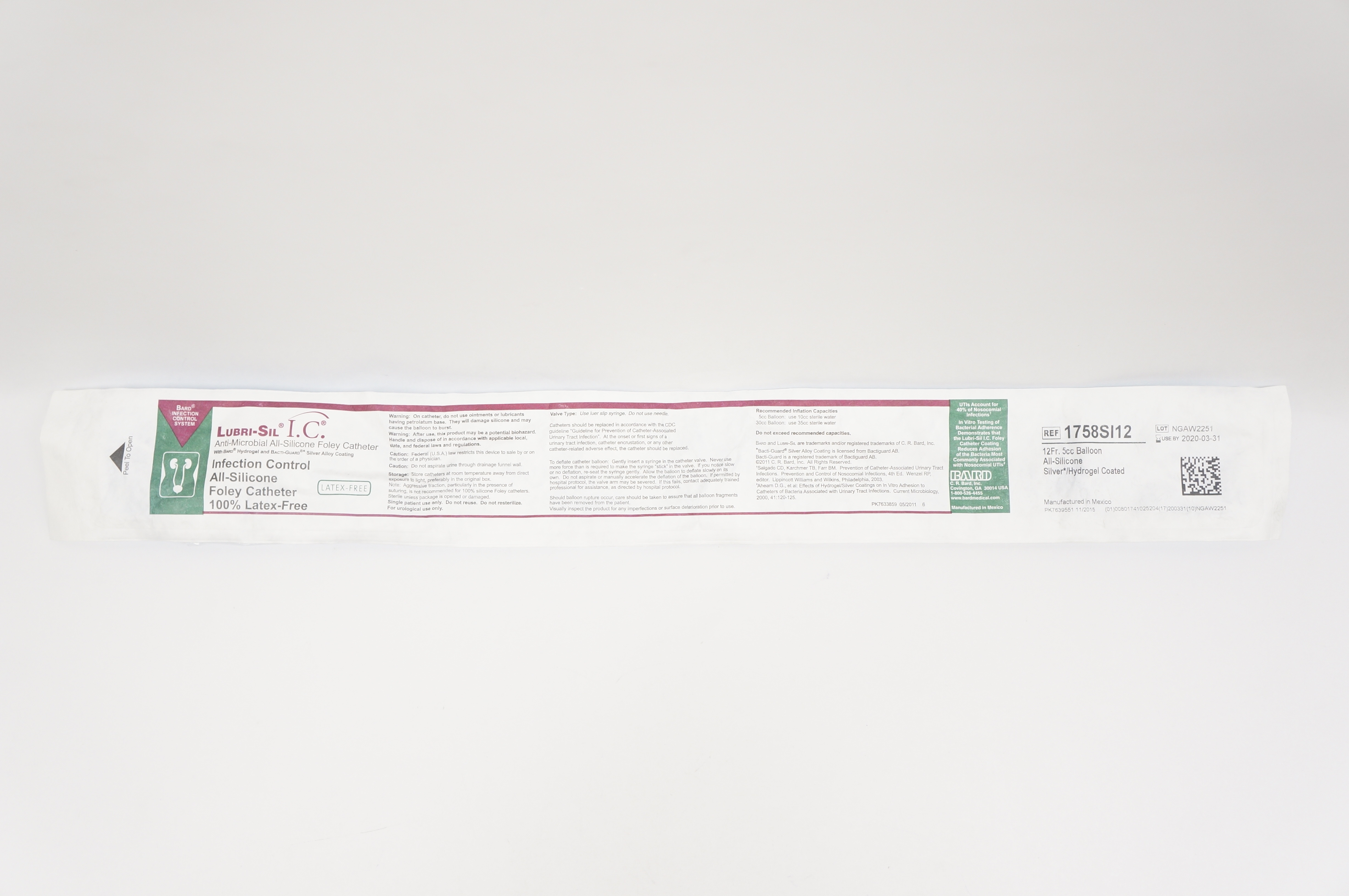 Bard 1758SI12  LUBRI-SIL I.C. Infection Control Foley Cath. 12Fr. 5cc (x)