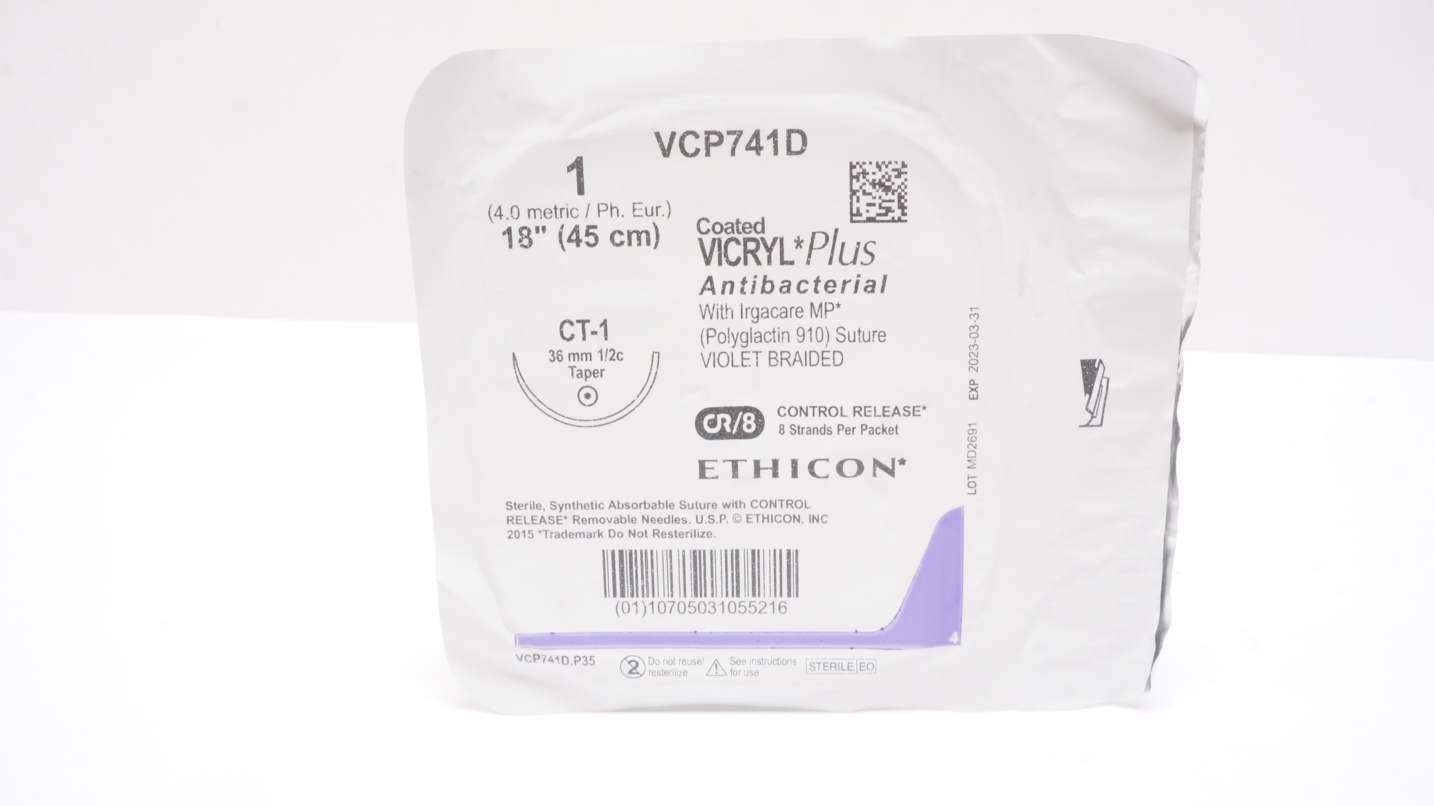 Ethicon VCP741D VICRYL Plus 1 CT-1 36mm 1/2c Taper 18inch (x)