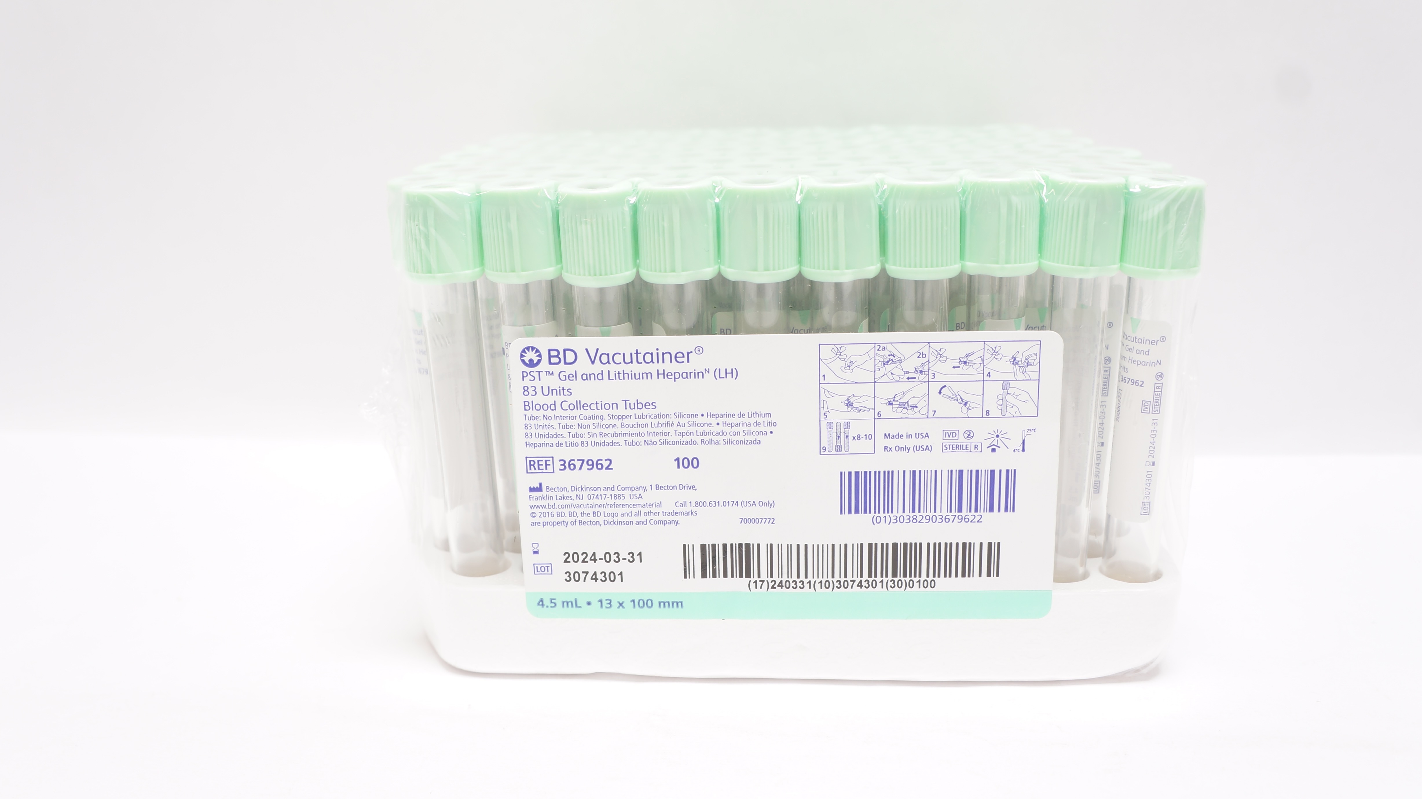 BD 367962 PST Gel & LH Blood Collection Tubes 4.5mL 13 x 100mm - Box of 100
