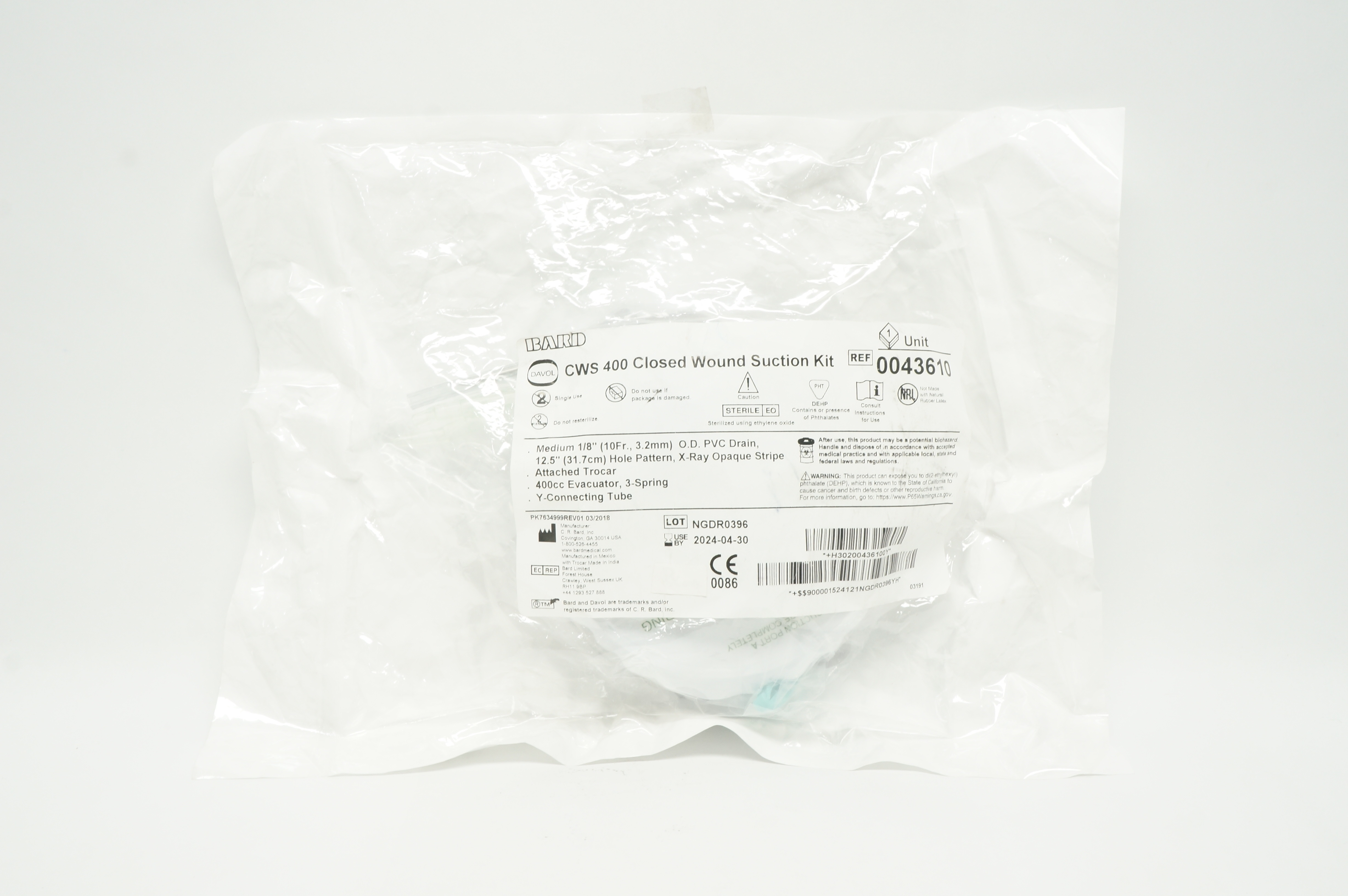 Bard 0043610 Davol CWS 400 Closed Wound Suction Kit