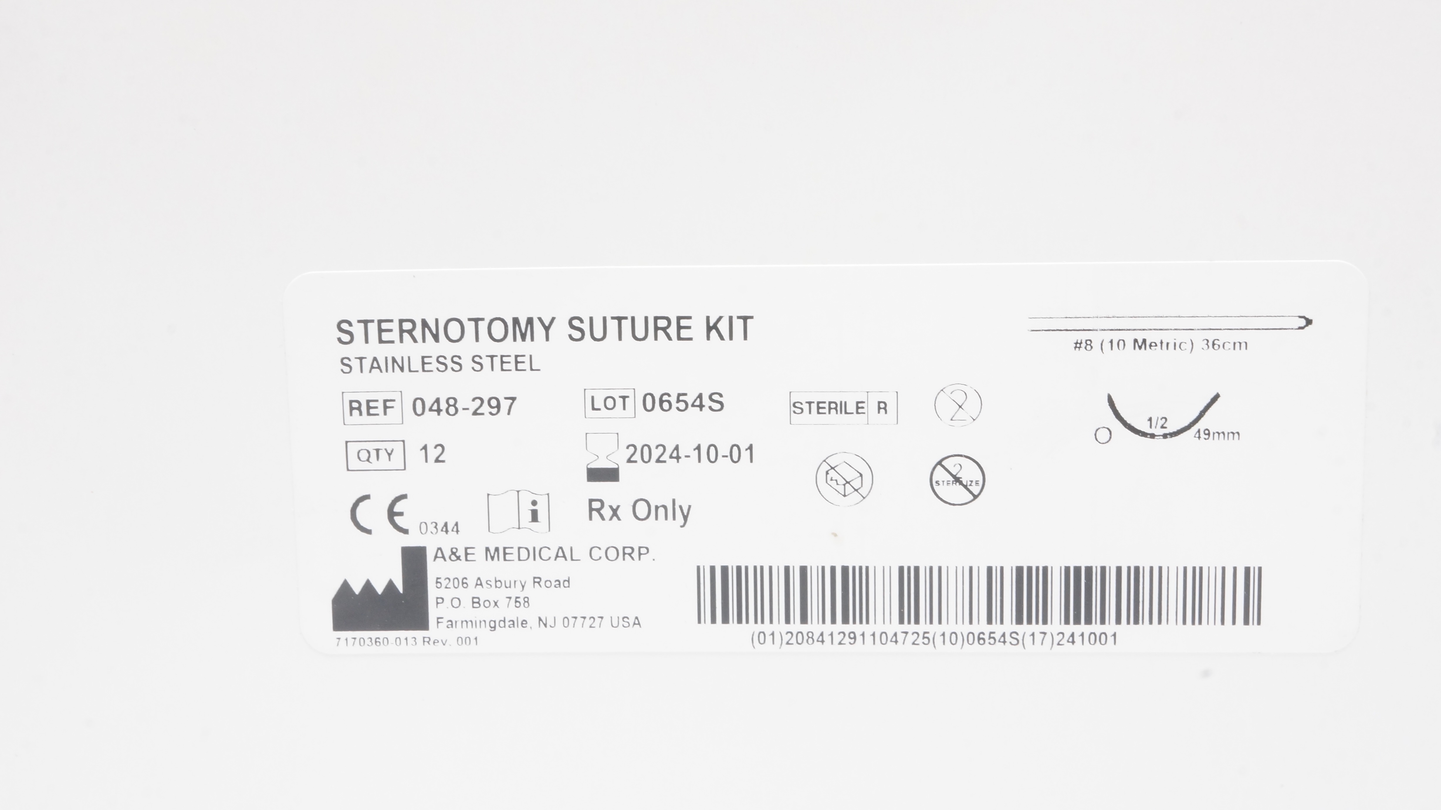 A&E Medical 048-297 8 MYO/WireII Sternotomy Stre Kit 1/2c 49mm 36cm(x)-Box of 12