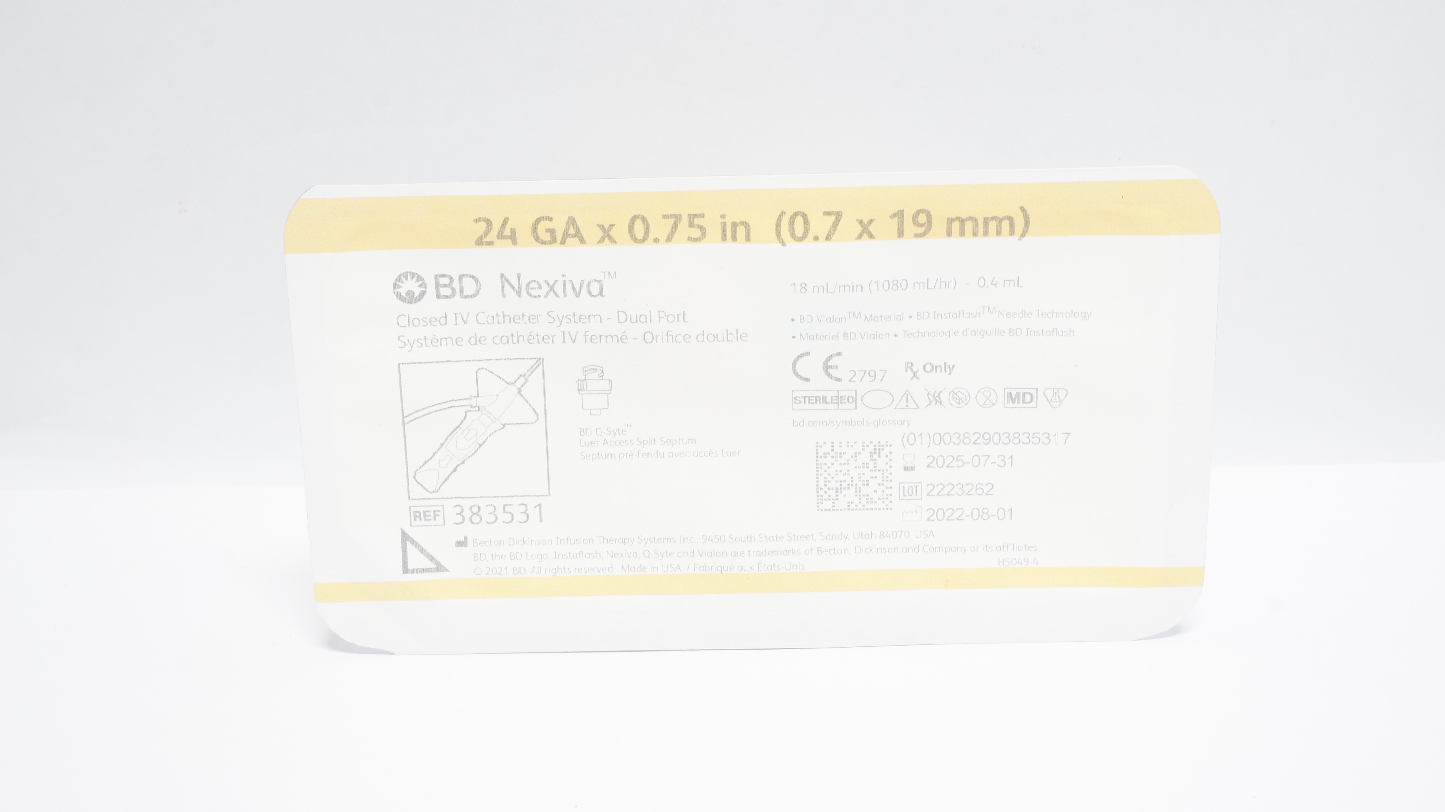 BD 383531 Nexiva Closed IV Cath. System Dual Port 24Ga x 0.75inch 0.4ml (x)