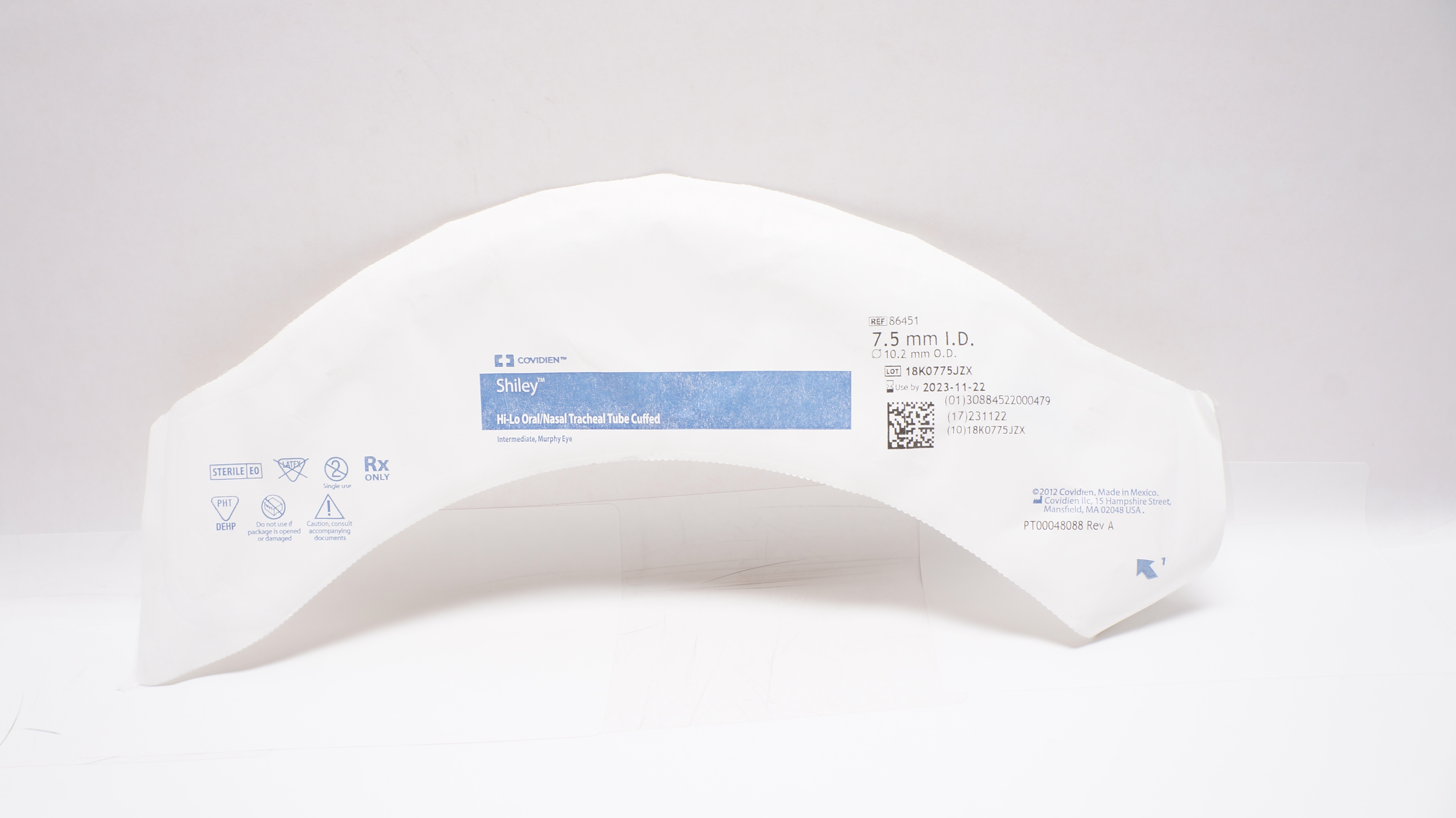 Covidien 86451 Shiley Hi-Lo Oral/Nasal Tracheal Tube Cuffed 7.5ID x 10.2mmOD(x)