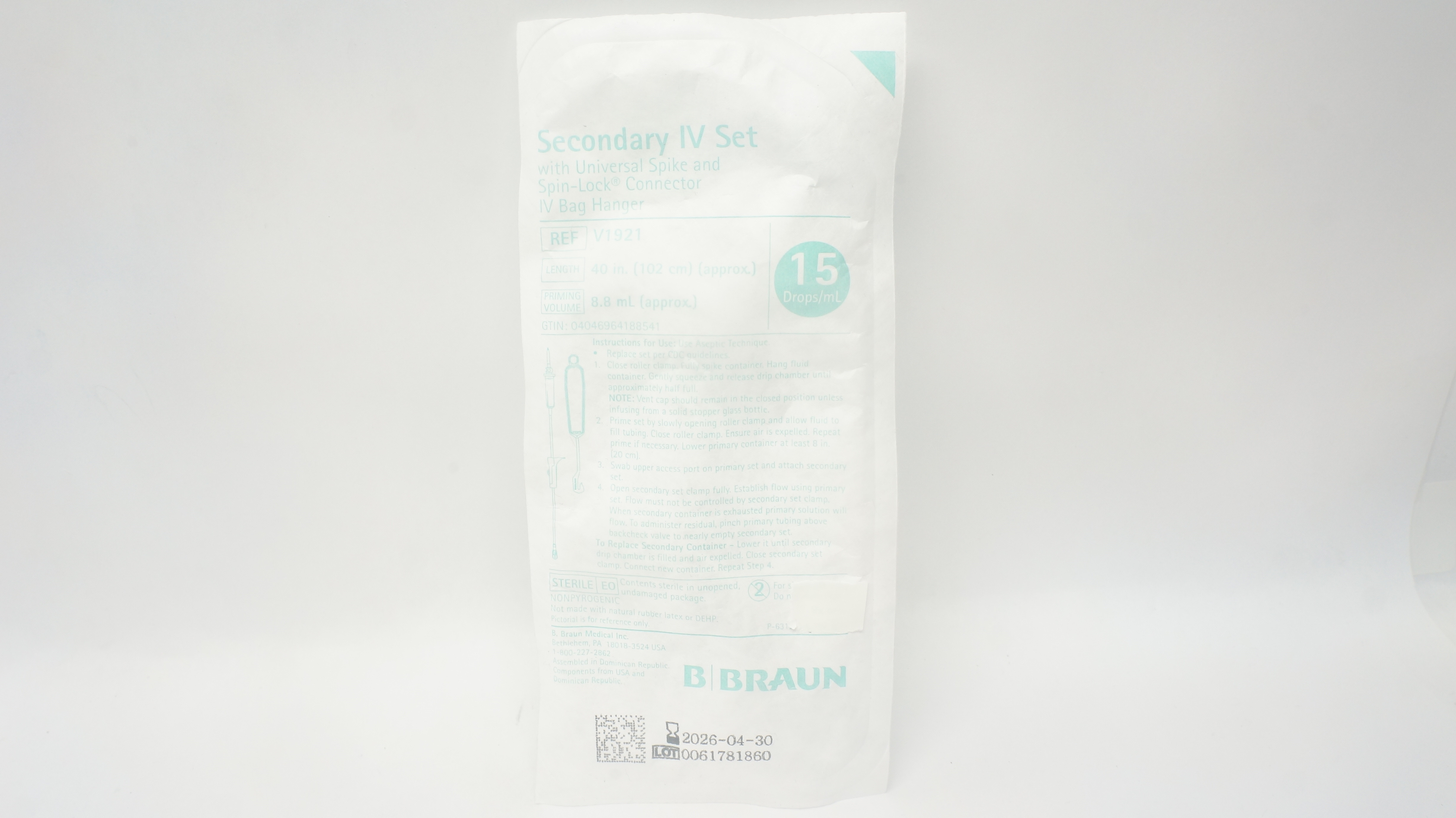 Braun V1921 Secondary IV Transfer Set 15 Drops/mL 40 inch x 8.8mL