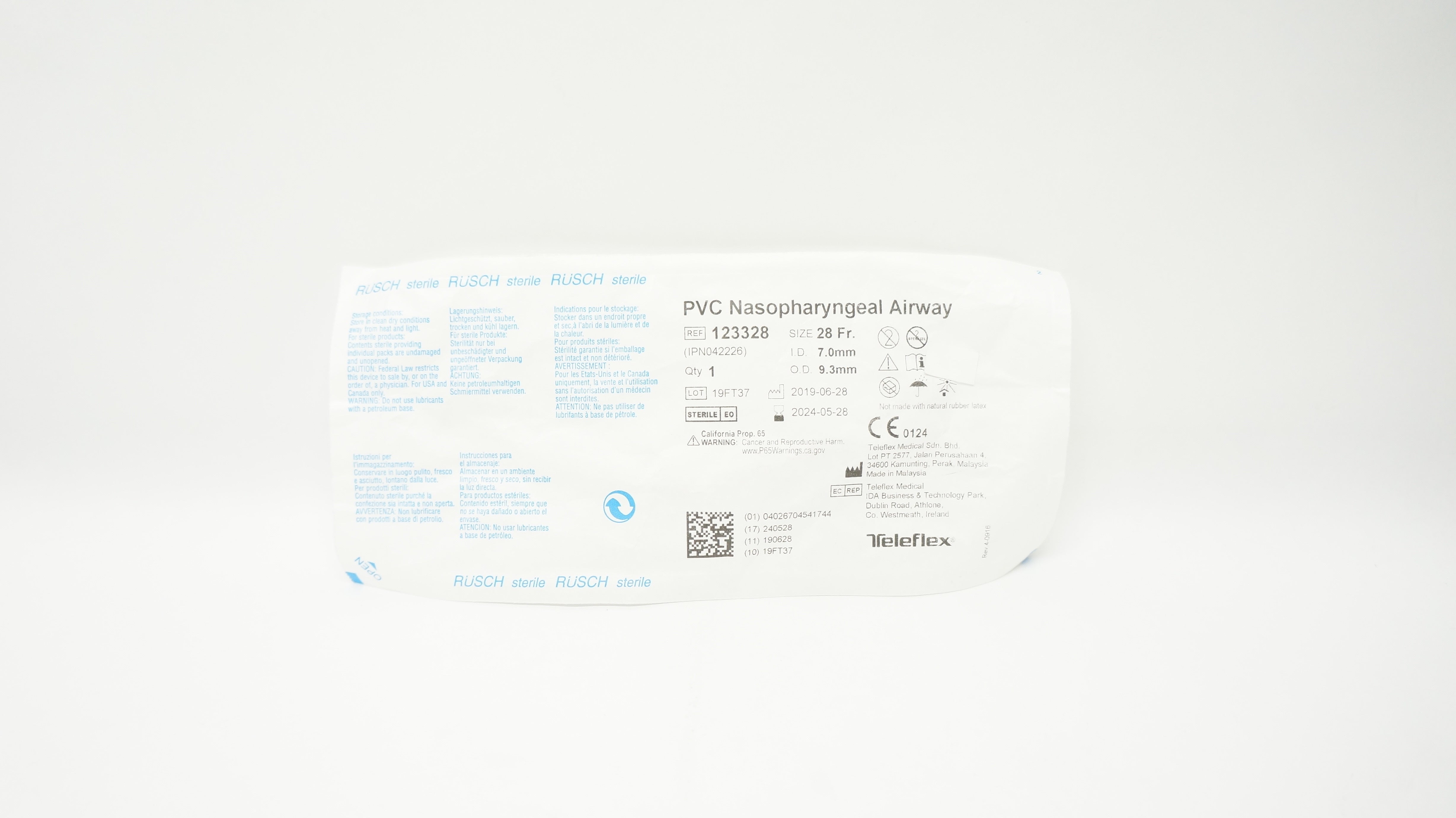 Teleflex 123328 Rusch Soft PVC Nasopharyngeal Airway 28Fr x 9.3mm ID x 7.0mm OD