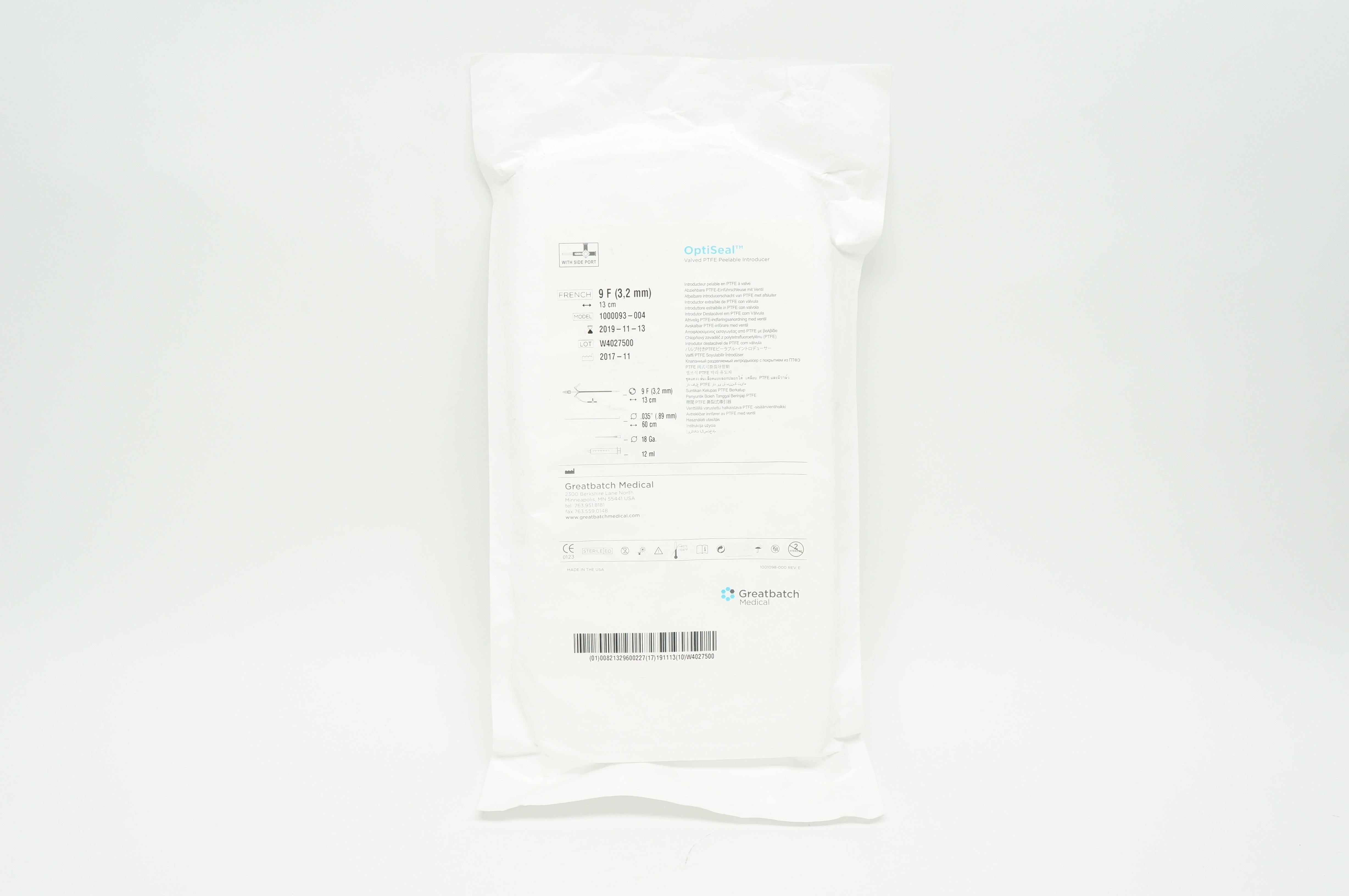 Greenbatch 1000093-004 OptiSeal Valved PTFE Peelable Introducer 9F x 13cm (x)