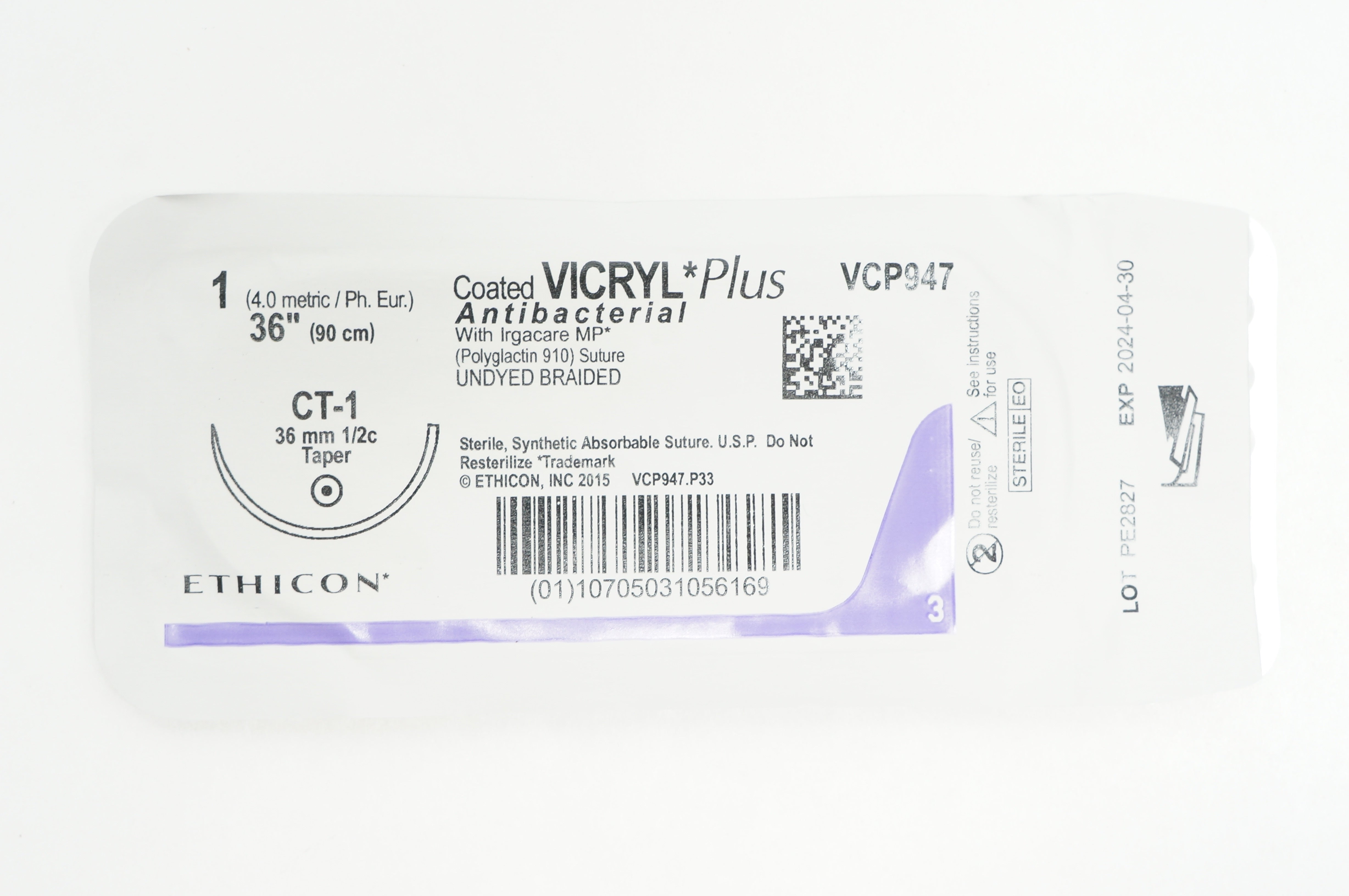 Ethicon VCP947 1 VICRYL Plus, CT-1, 36mm 1/2c Taper, 36inch