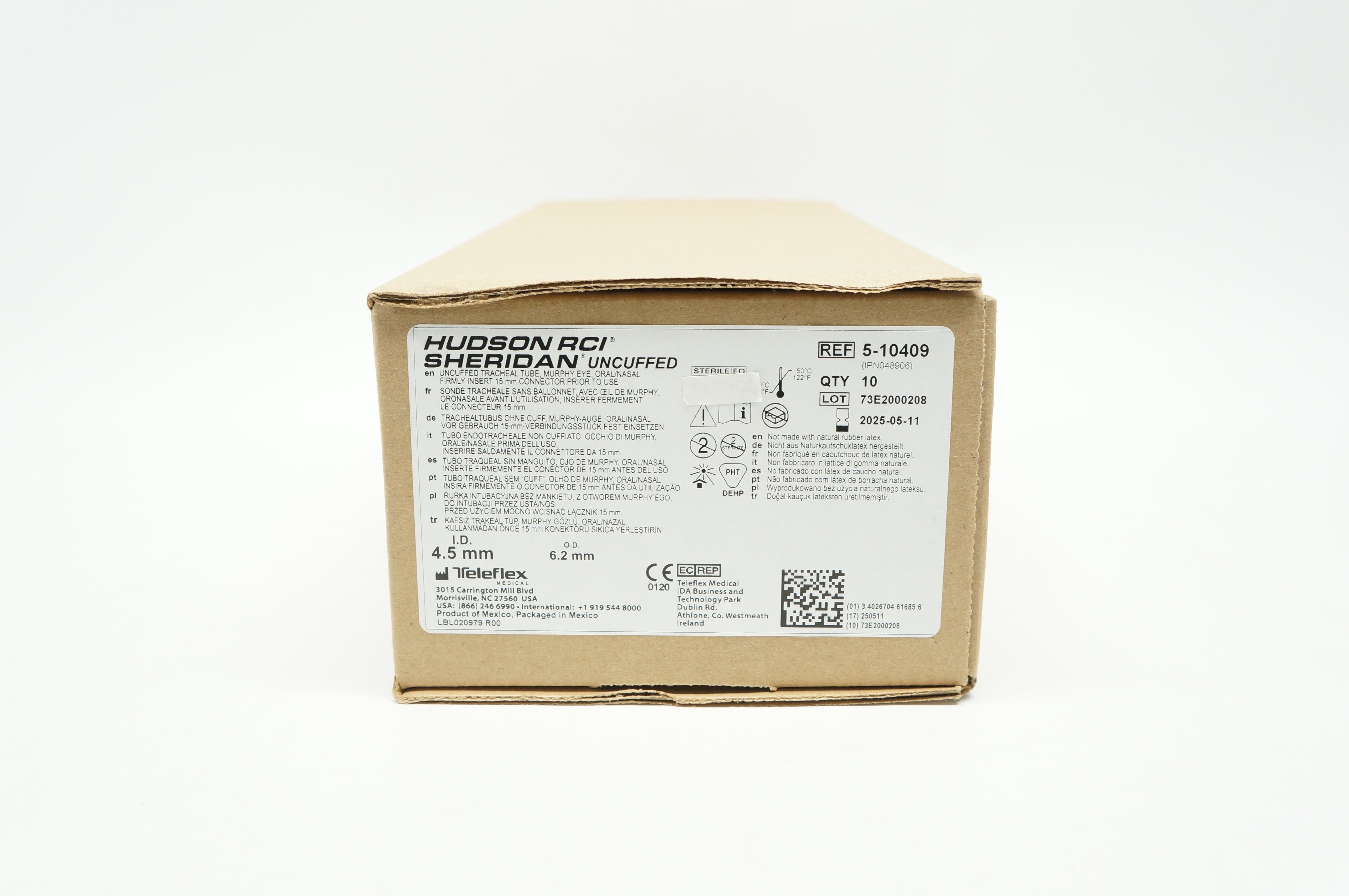 Teleflex 5-10409 Sheridal Uncuffed Tracheal Tube, ID 4.5mm OD 6.2mm - Box of 10