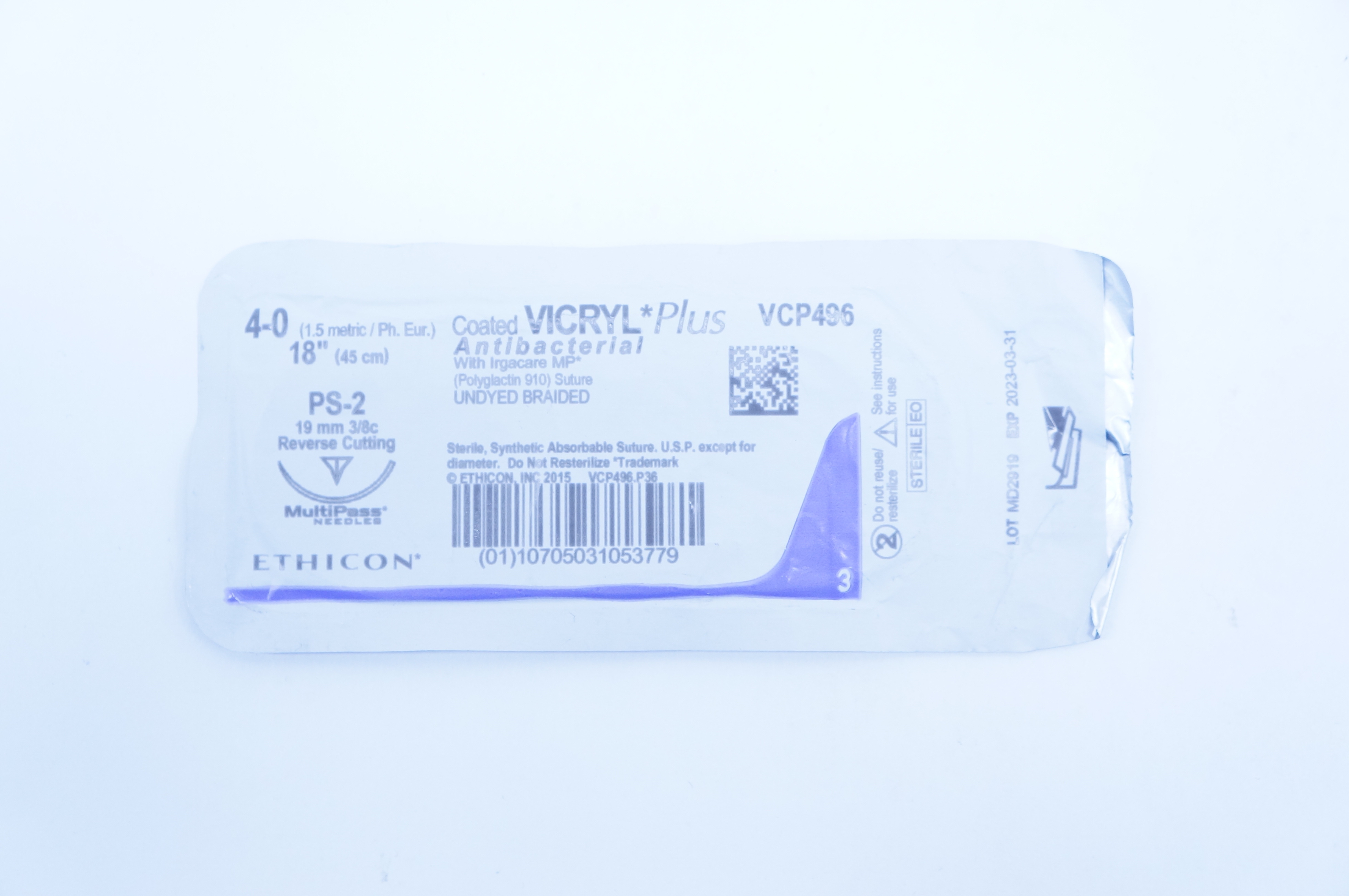 Ethicon VCP496 4-0 Vicryl, Undyed Braided 18inch, PS-2 19mm