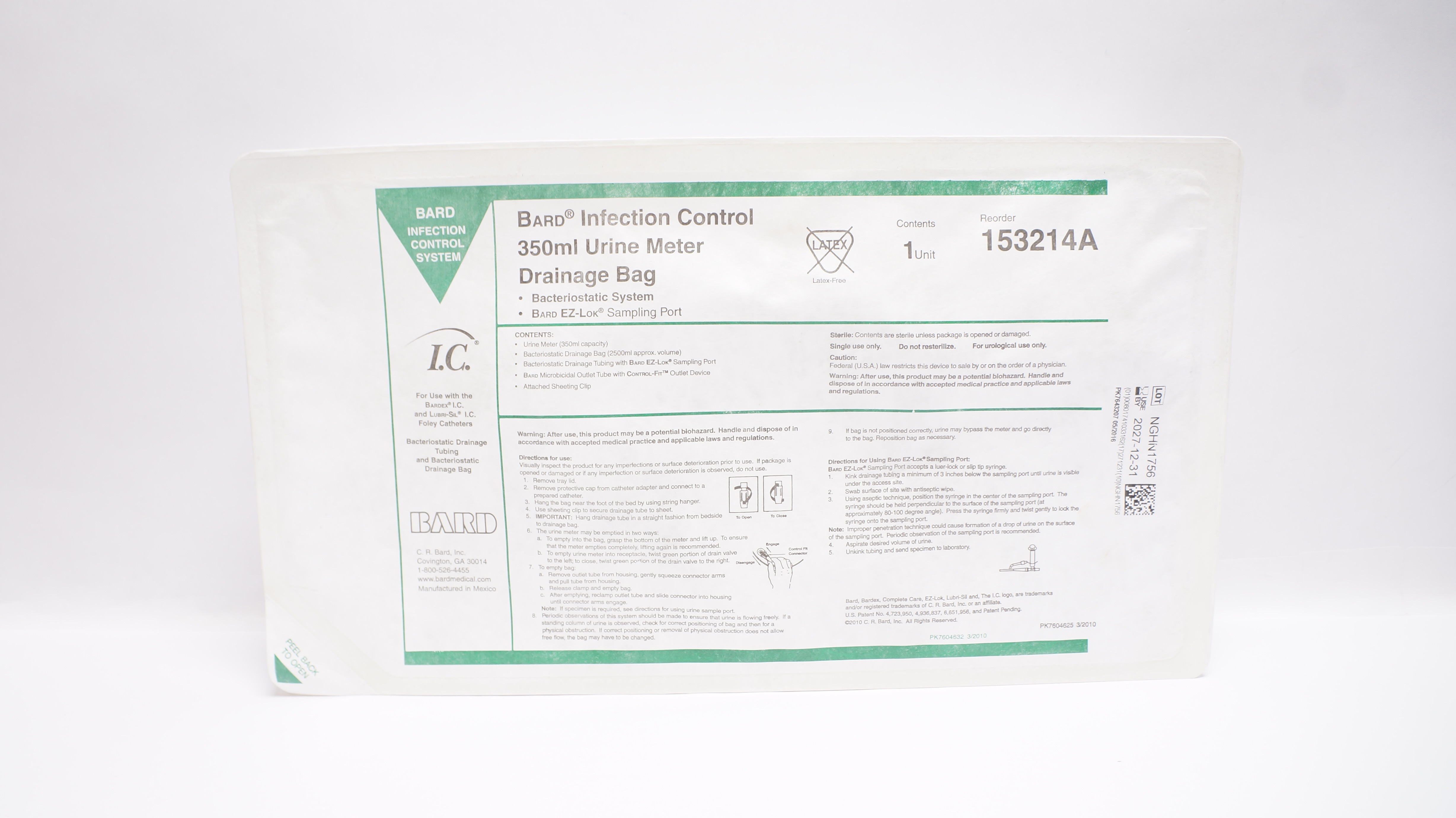 Bard 153214A Infection Control Urine Meter Drainage Bag 350 ml