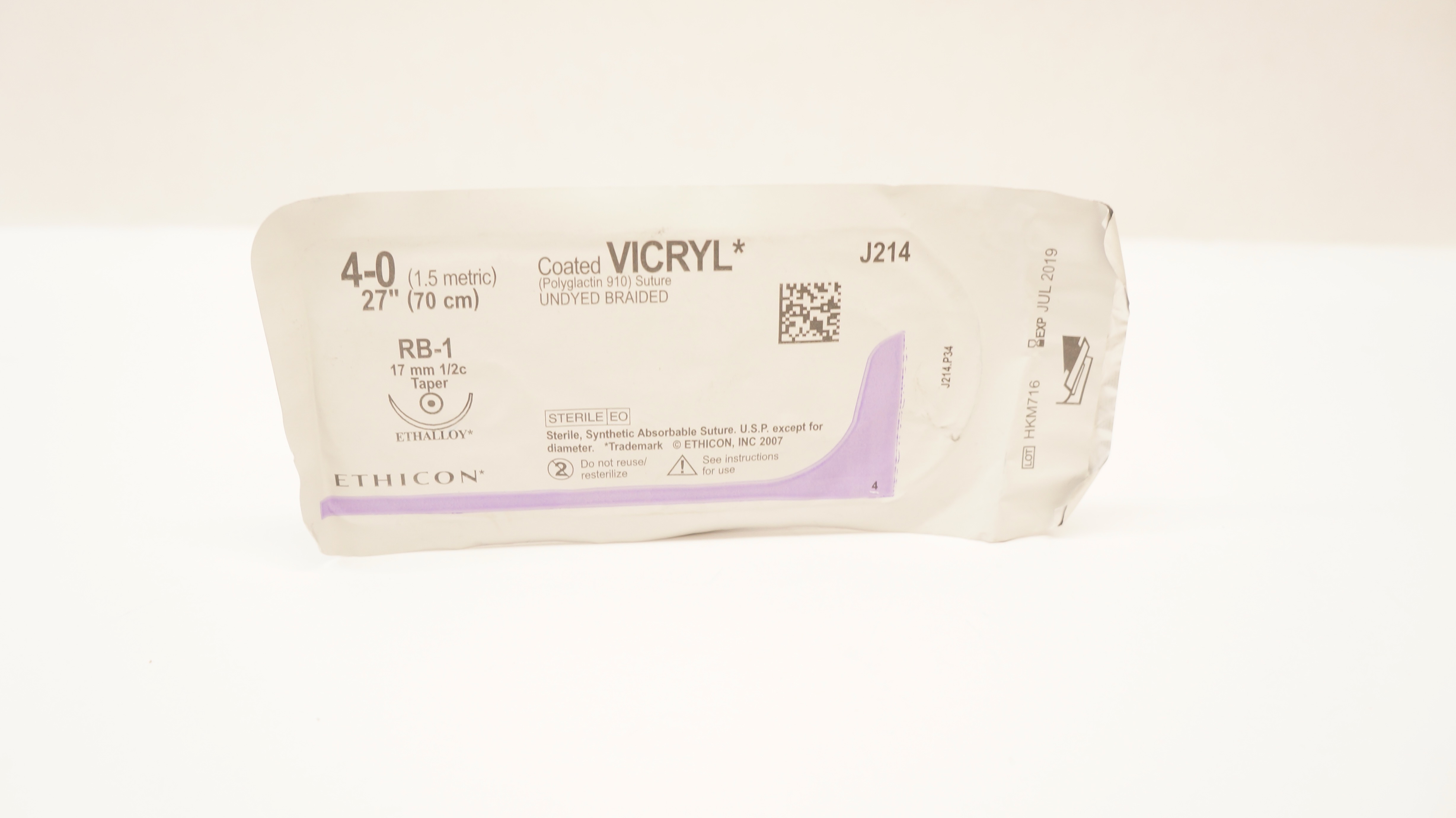 Ethicon J214 4-0 Vicryl  Stre Undyed Braided, RB-1 17mm Tapper, 27inch (x)