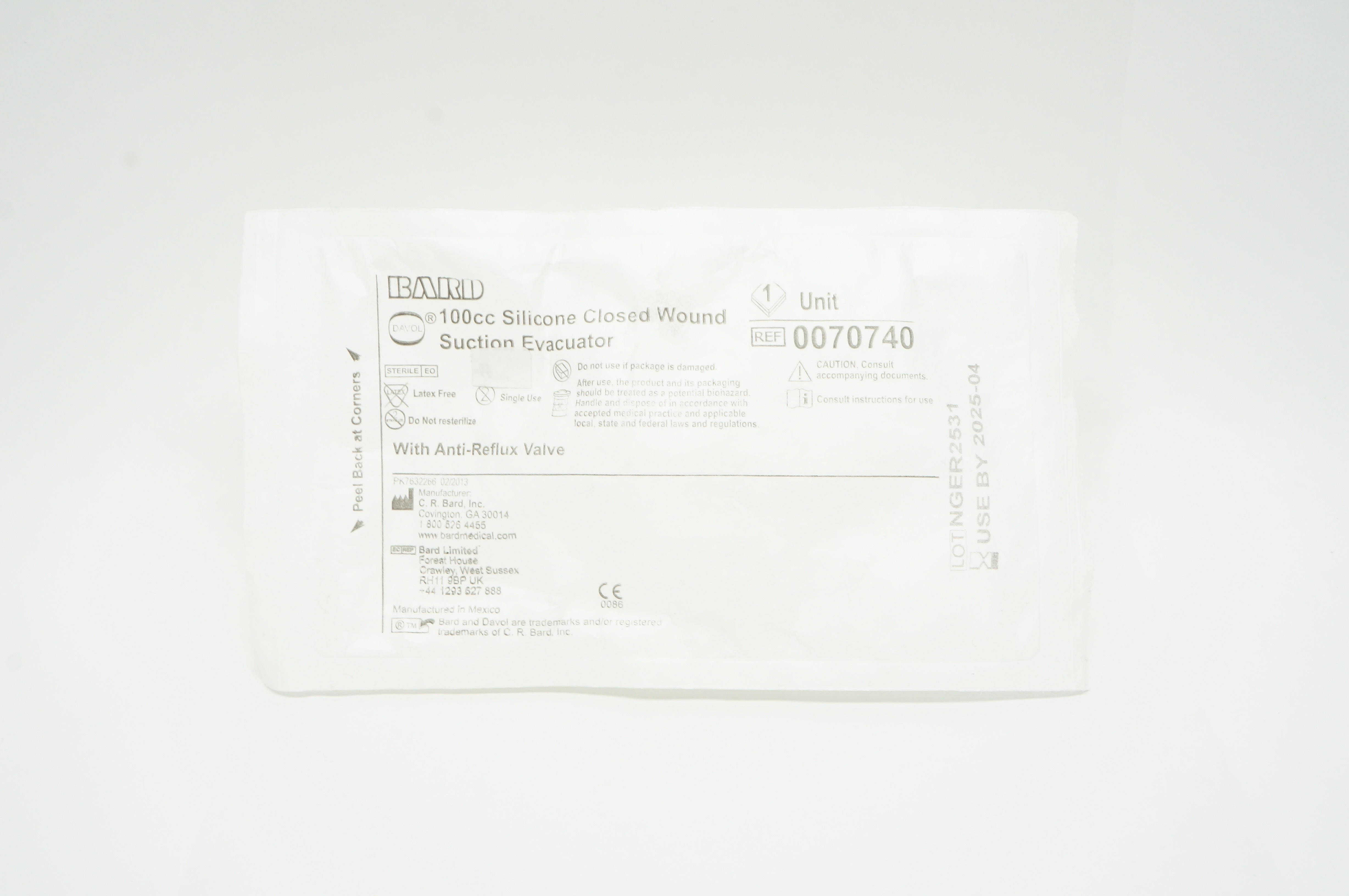 Bard 0070740 Davol 100cc Silicone Closed Wound Suction Evacuator