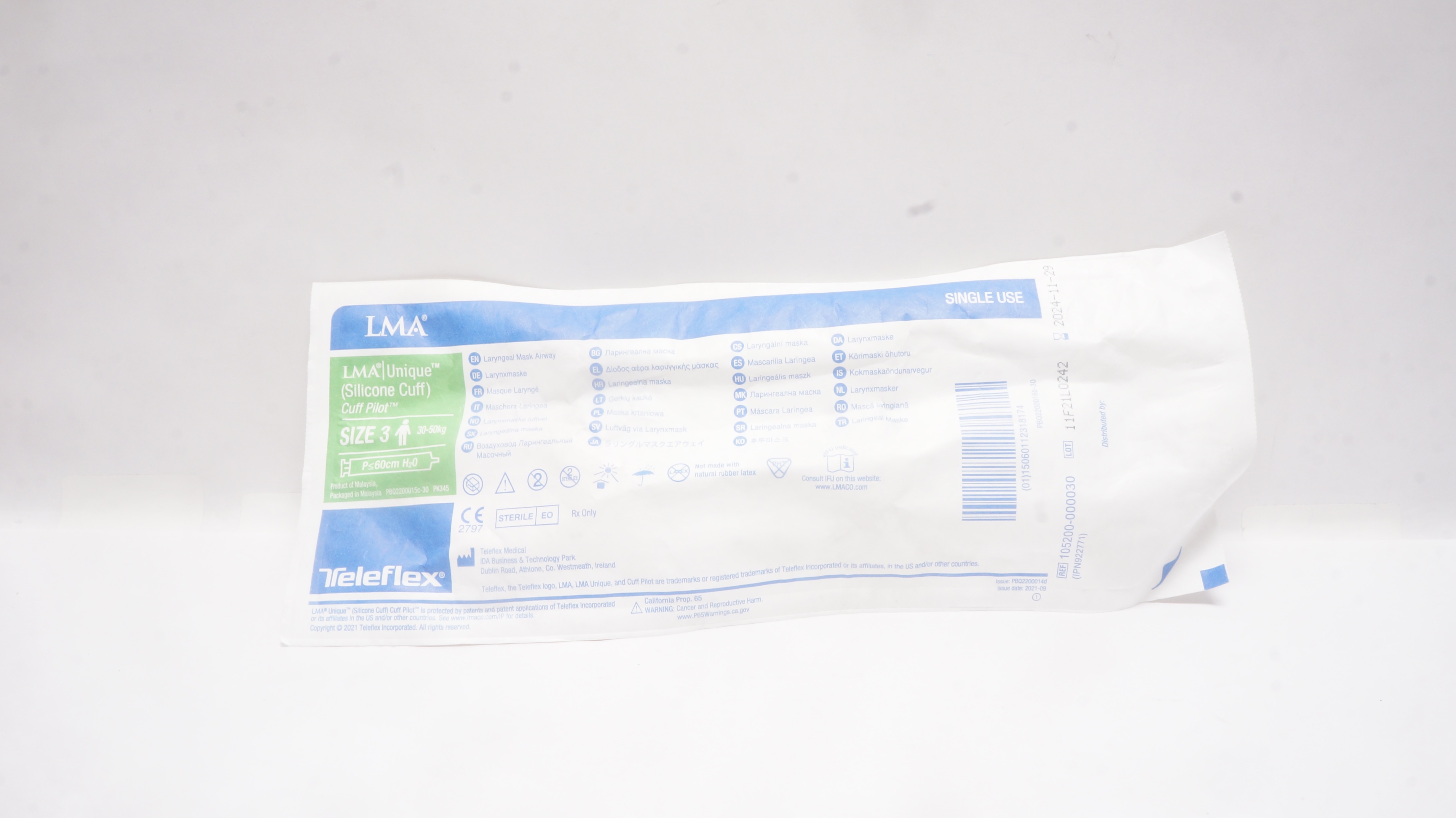 Teleflex 105200-000030 LMA Unique Laryngeal Mask Airway Size 3 30-50kg ≤60cm H2O