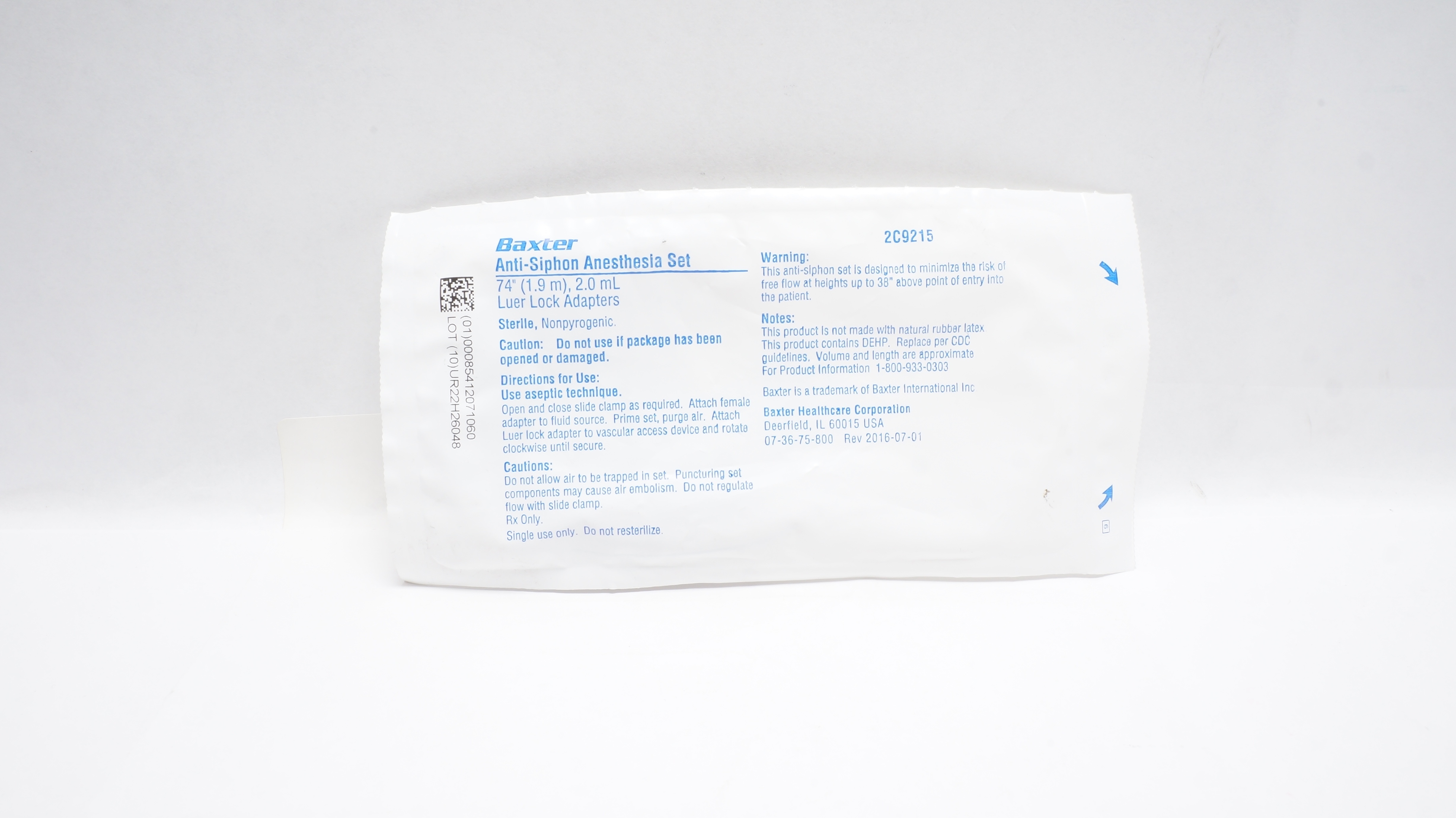 Baxter 2C9215 Anti-Siphon Anesthesia Set 74inch x 2.0mL Luer Lock Adapters