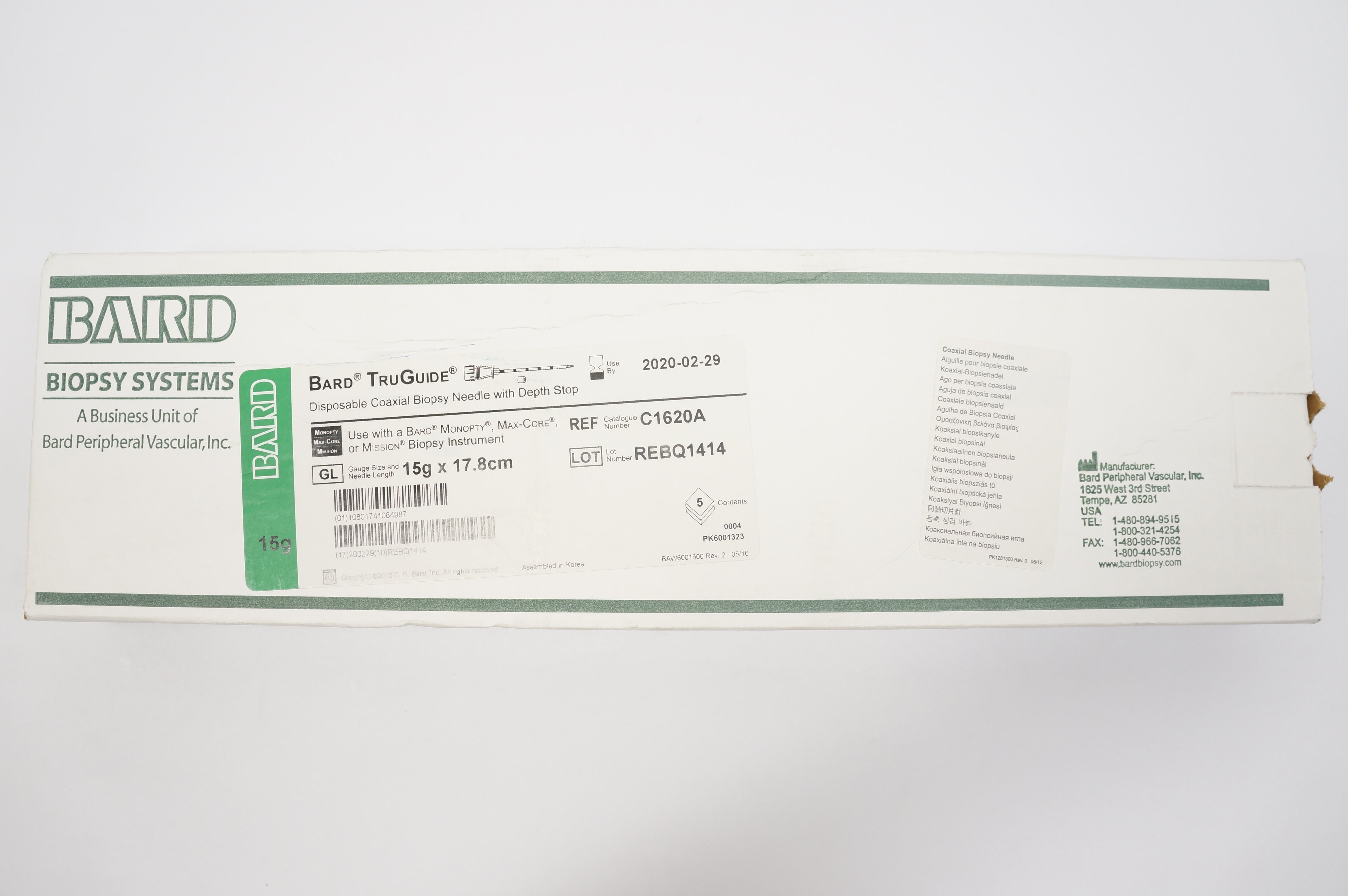 Bard C1620A TruGuide Disposable Coaxial Biopsy Ndle 15G x 17.8cm (x) - Box of 5