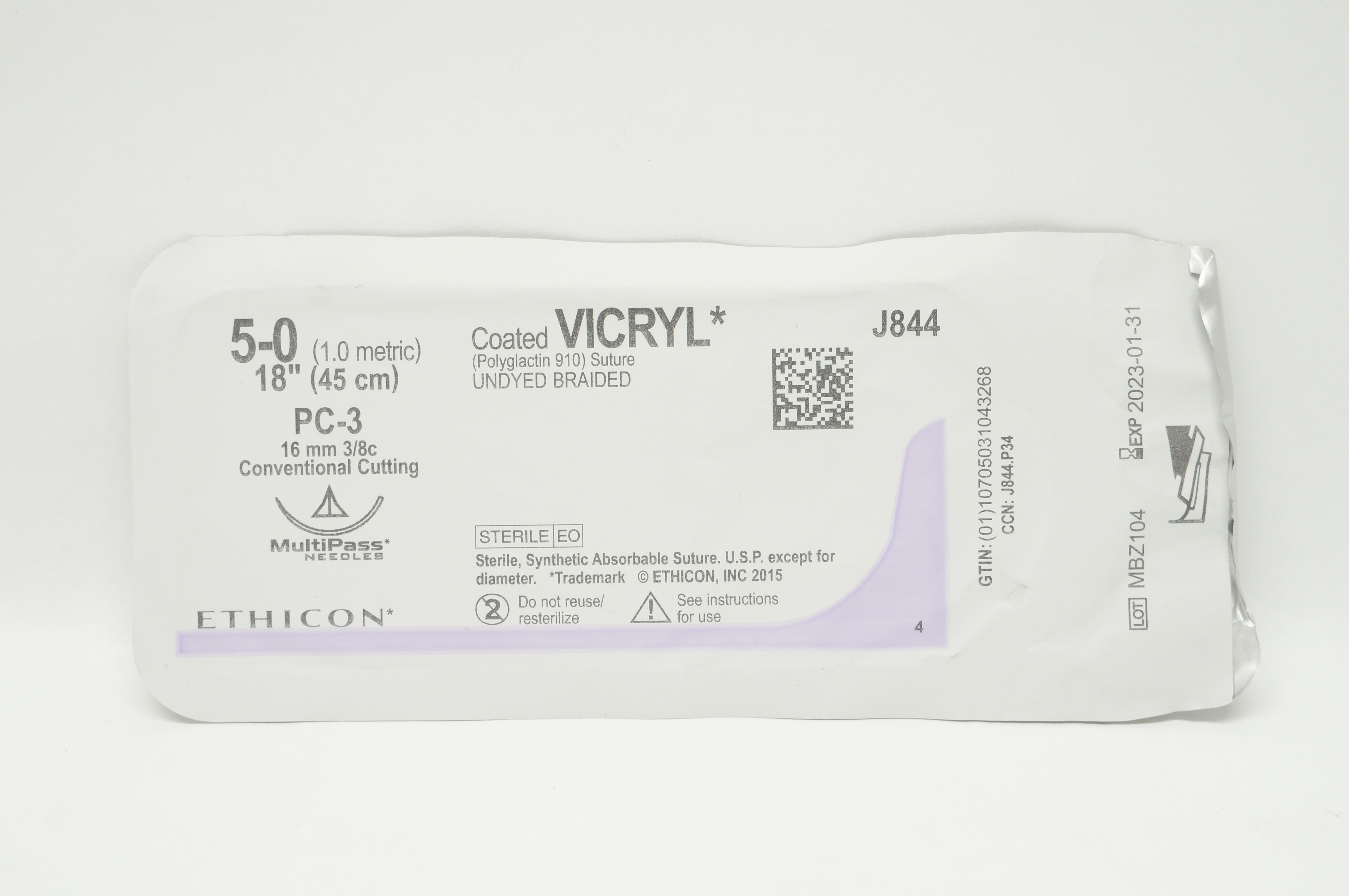 Ethicon J844 5-0 VICRYL PC-3 16mm 3/8c Conventional Cutting, 18inch