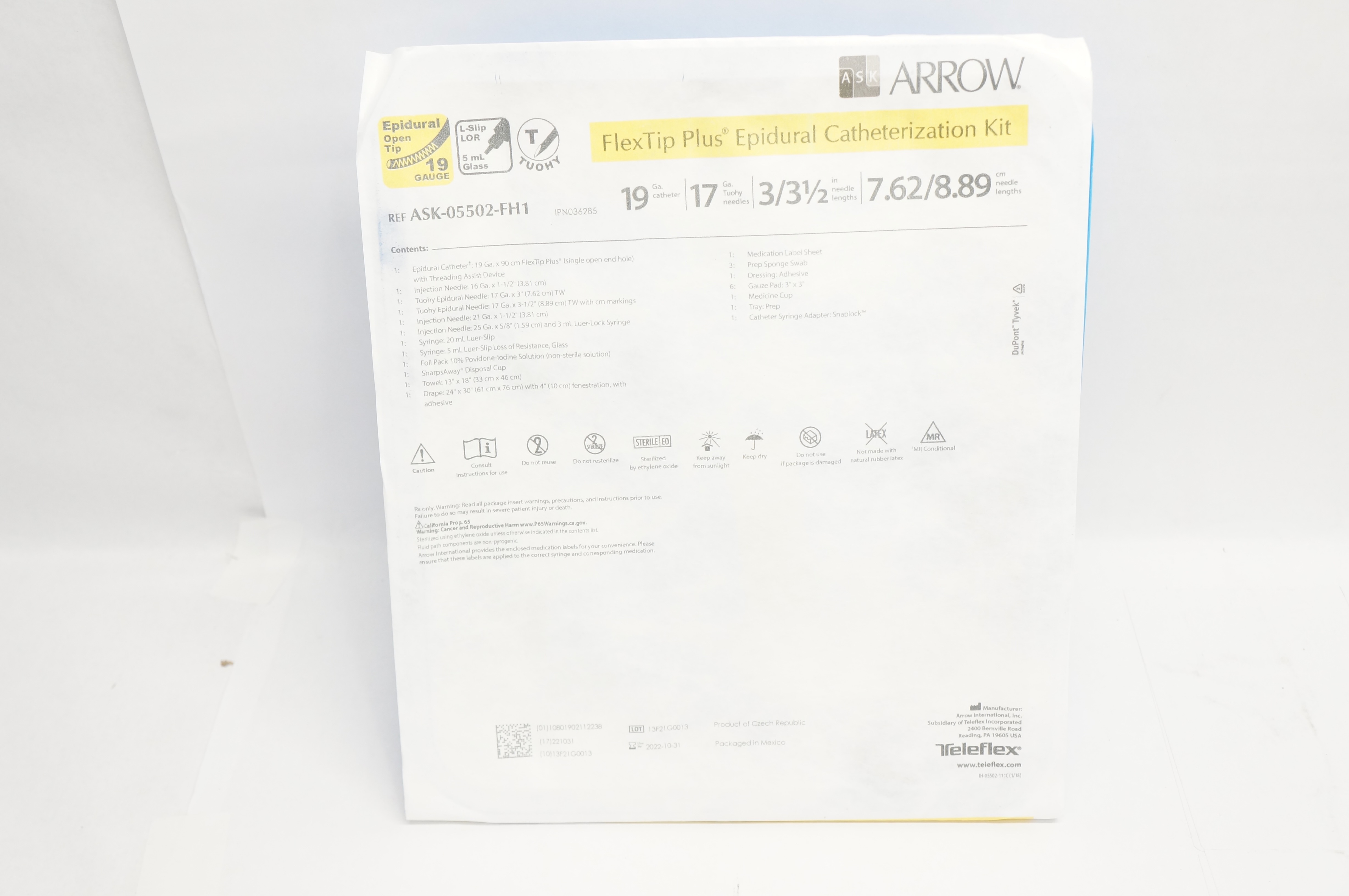 Arrow ASK-05502-FH1 Teleflex FlexTip Plus Epidural Cath. Kit 19Ga x 8.89cm (x)