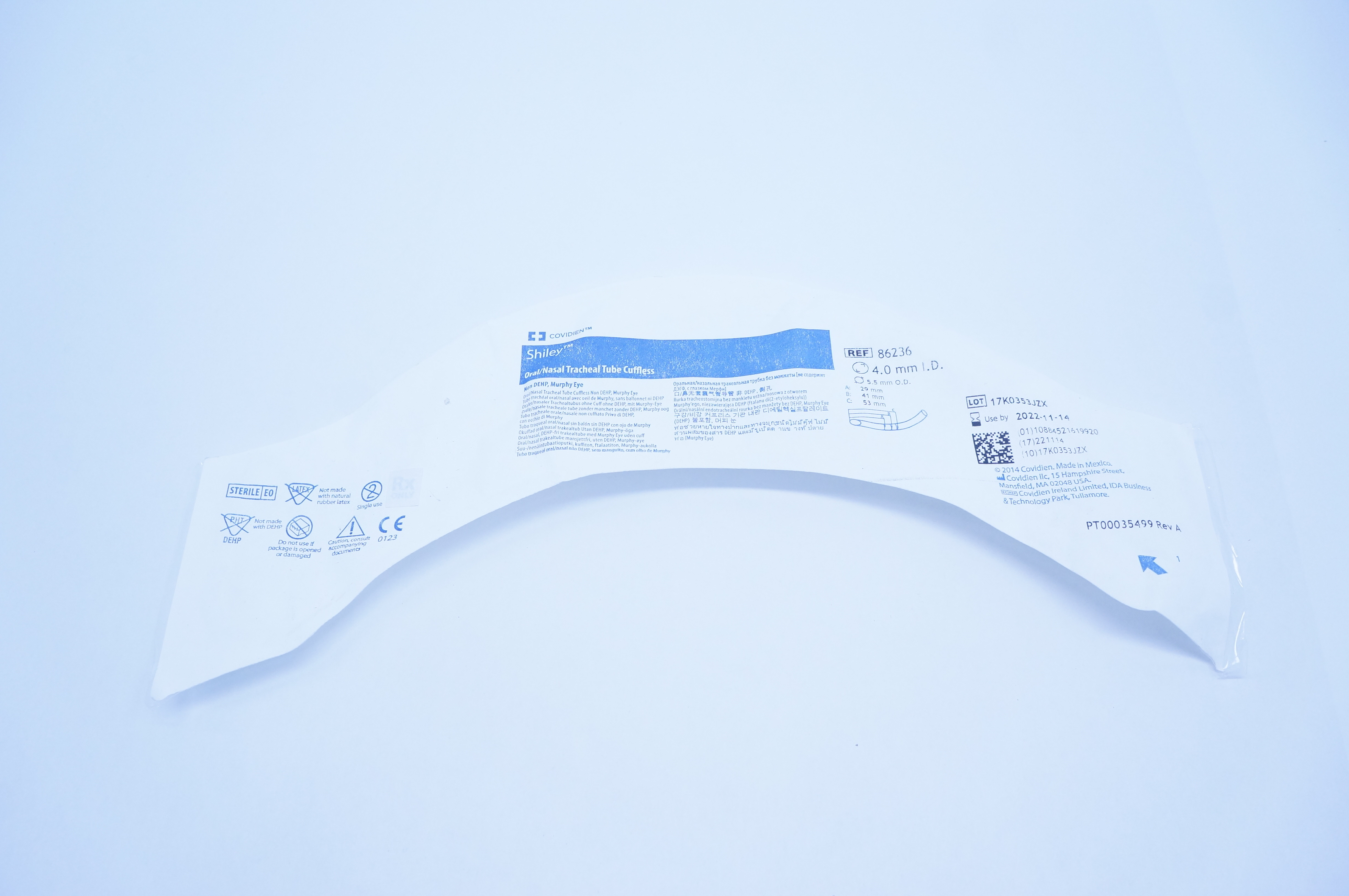 Covidien 86236 Shiley Oral/Nasal Tracheal Tube Cuffless 4.0m ID x 5.5mm OD