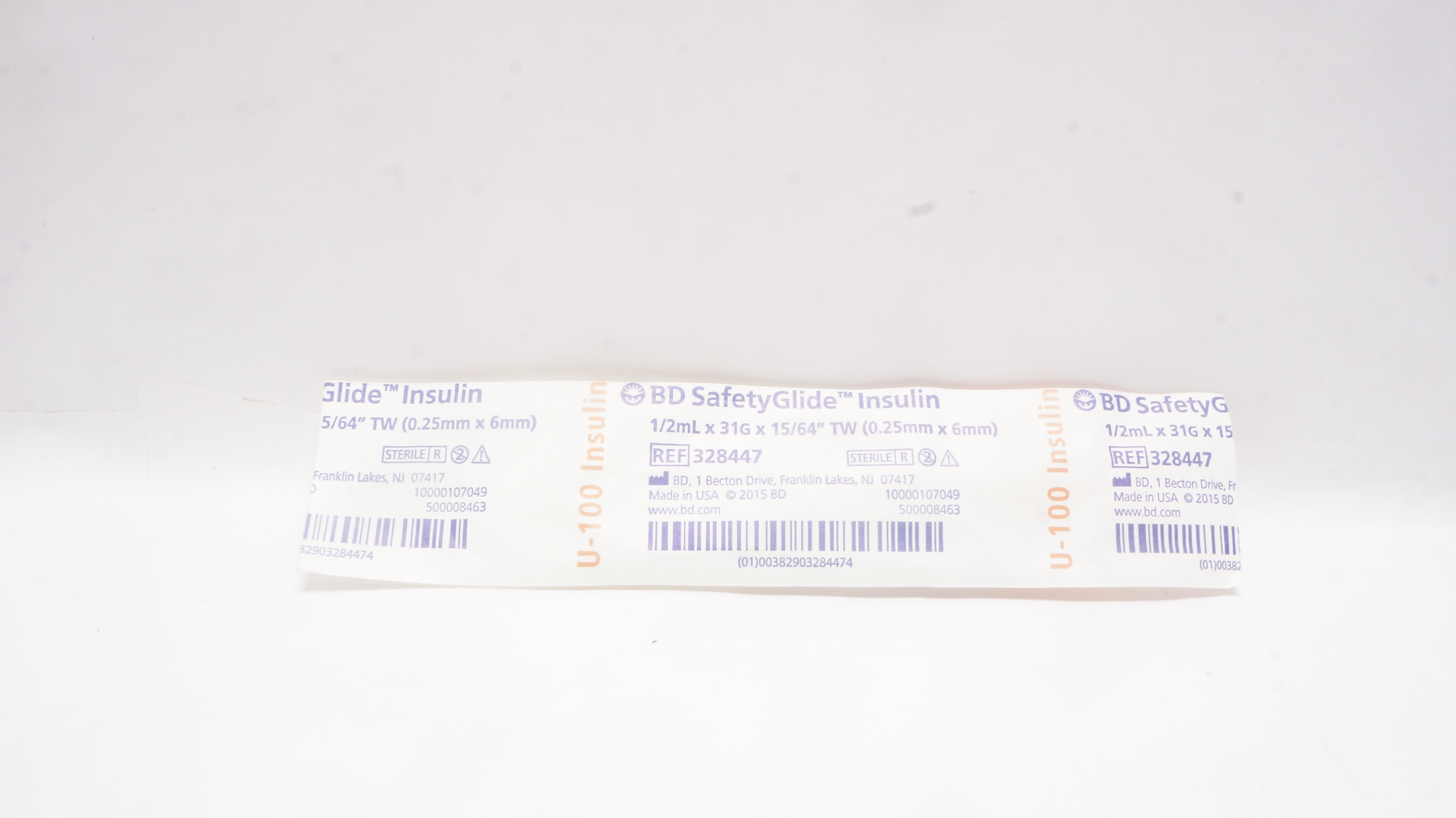 BD 328447 SafetyGlide Insulin Syringe 1/2mL, 31G x 15/64inch TW (x)