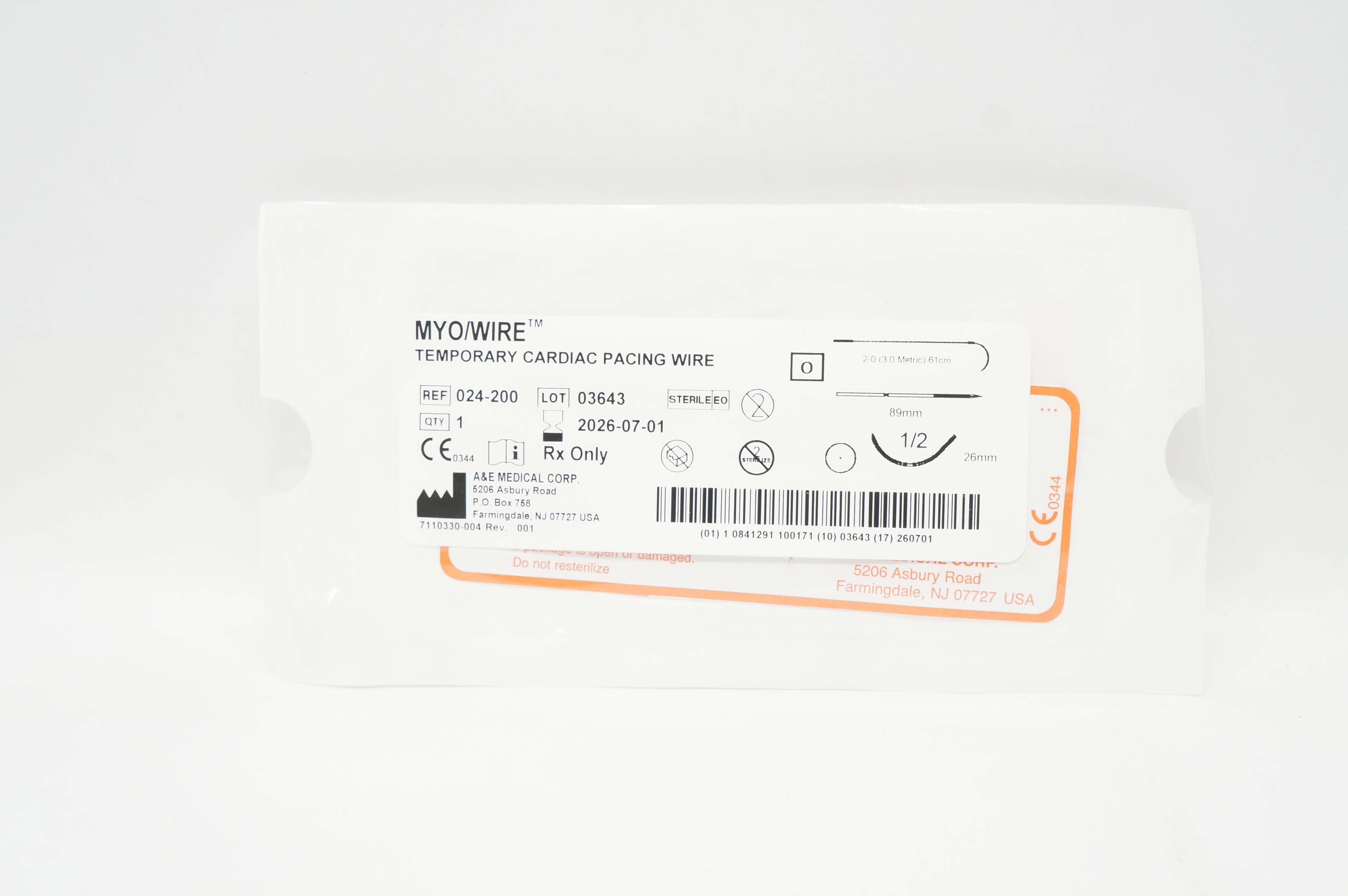 A&E Medical 024-200 2.0 Myo/Wire Temporary Cardiac Pacing Wire 1/2 26 x 89mm