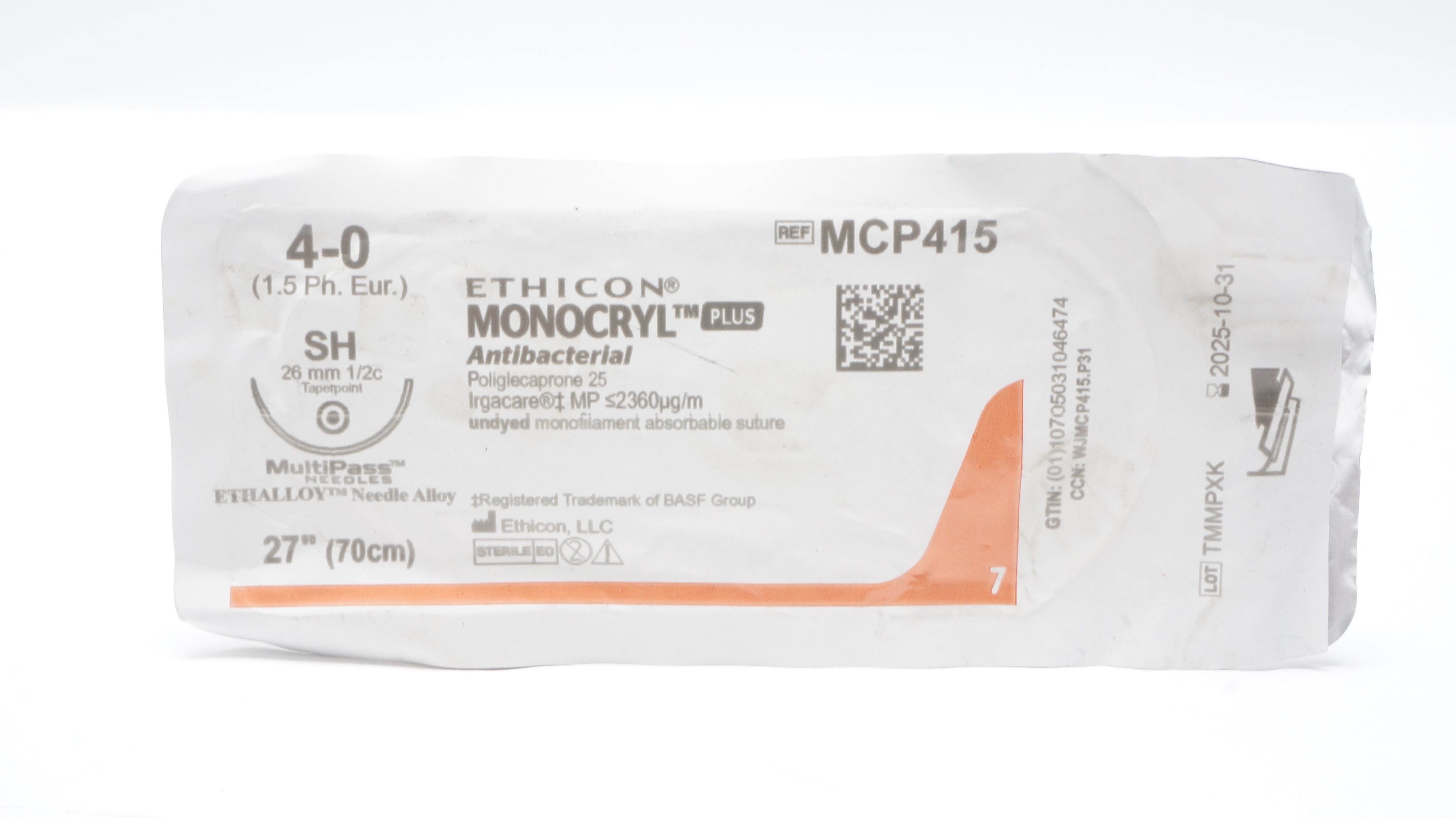 Ethicon MCP415 4-0 Monocryl Plus Stre SH 26mm 1/2c Taperpoint, 27inch