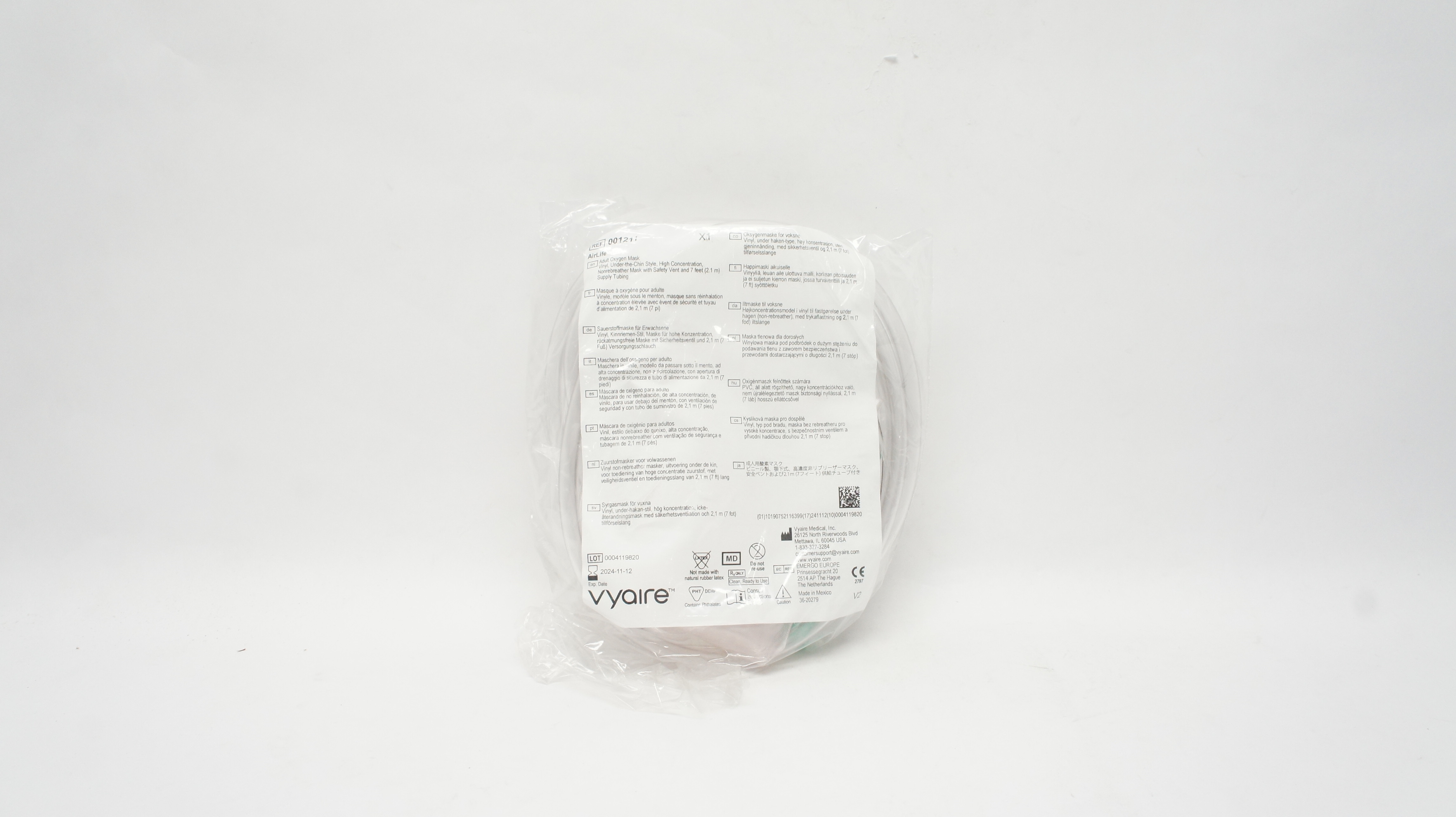 Vyaire Medical 001211 Adult Oxygen Mask, Vinyl, Under-the-Chin Style