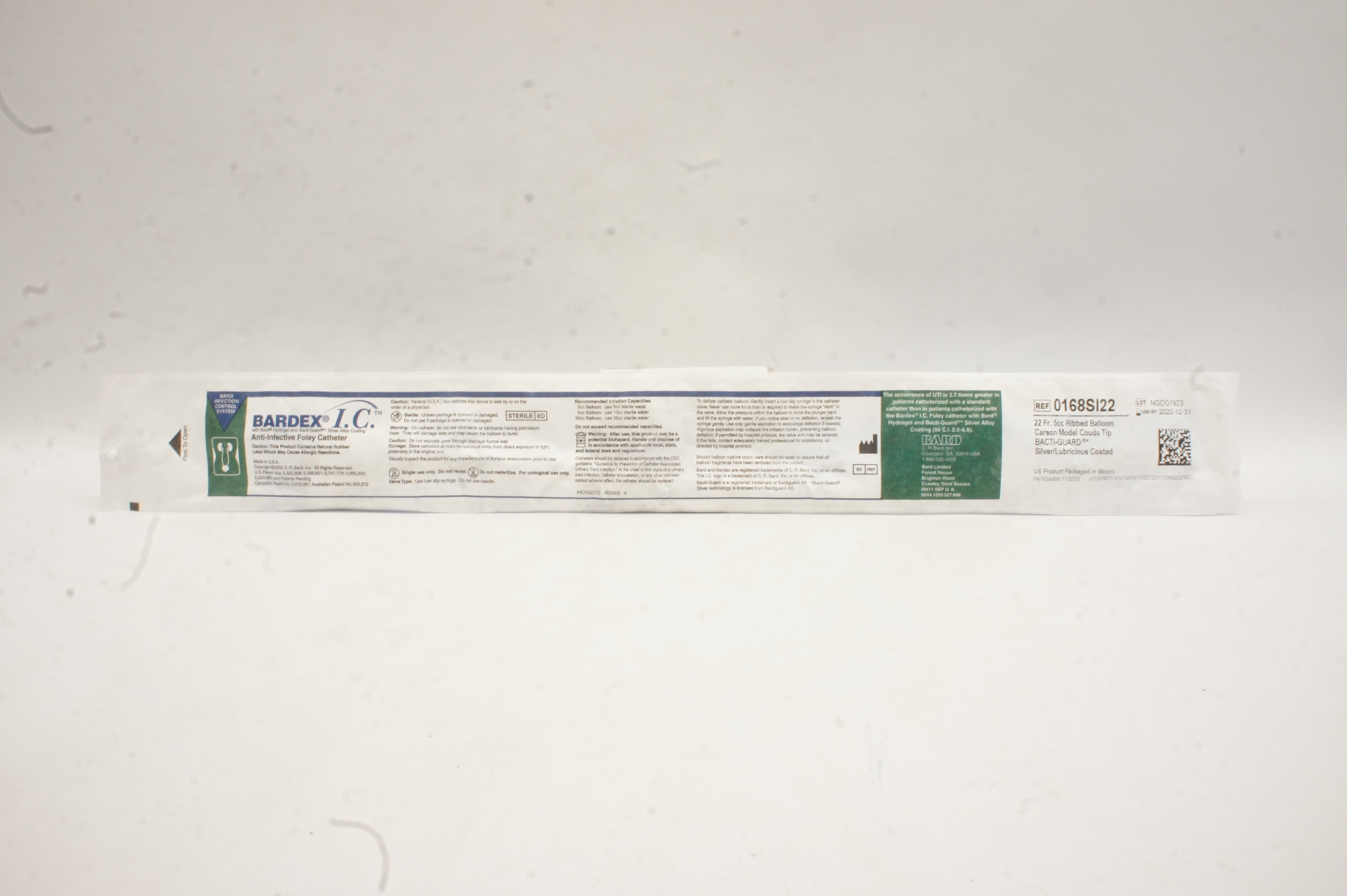 Bard 0168SI22 Bardex I.C. Anti-Infective Foley Cath. 22Fr 5cc Ribbed Balloon (x)