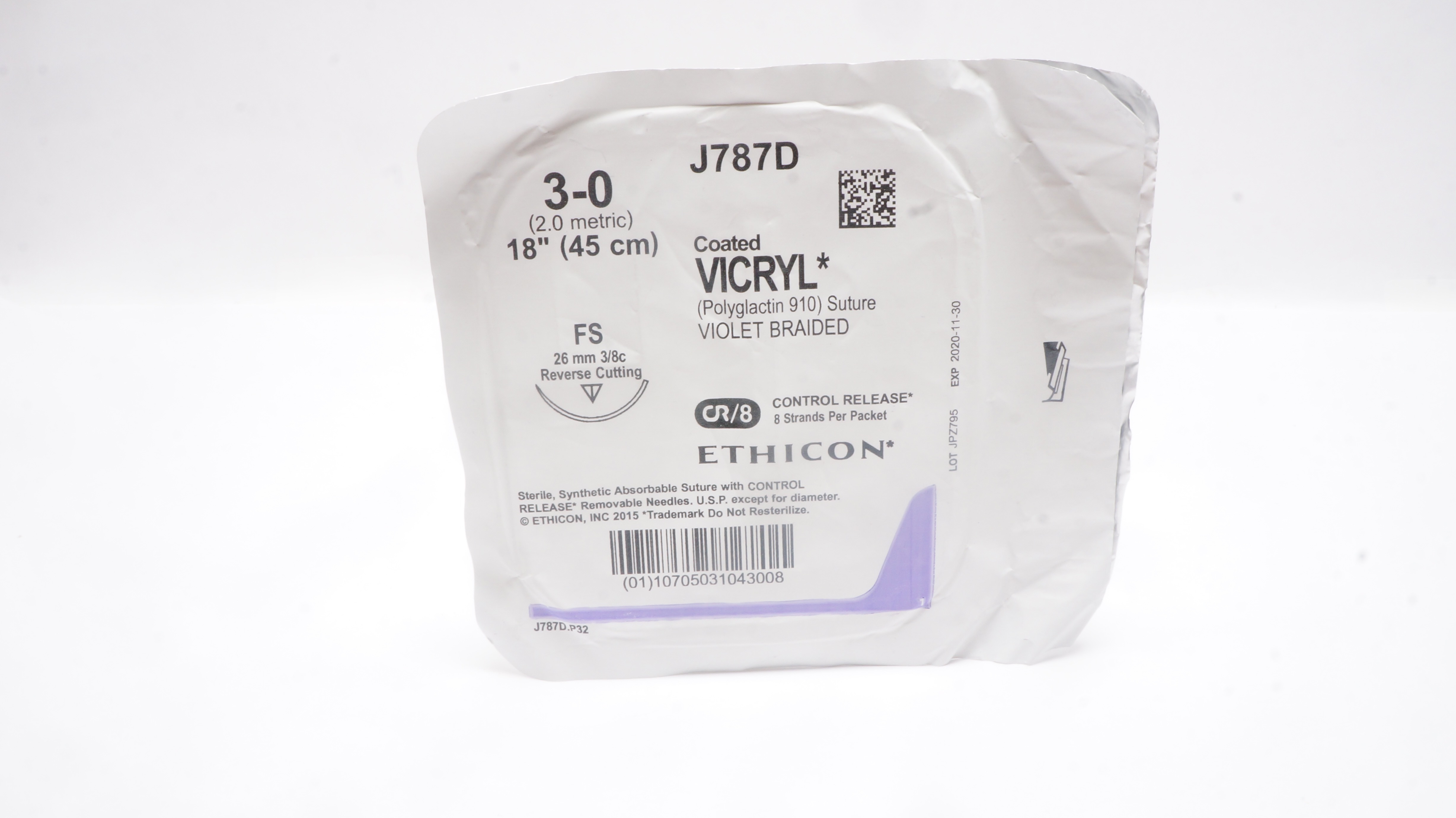 Ethicon J787D 3-0 Coated VICRYL,  FS,  26mm 3/8c Reverse Cutting, 18inch (x)