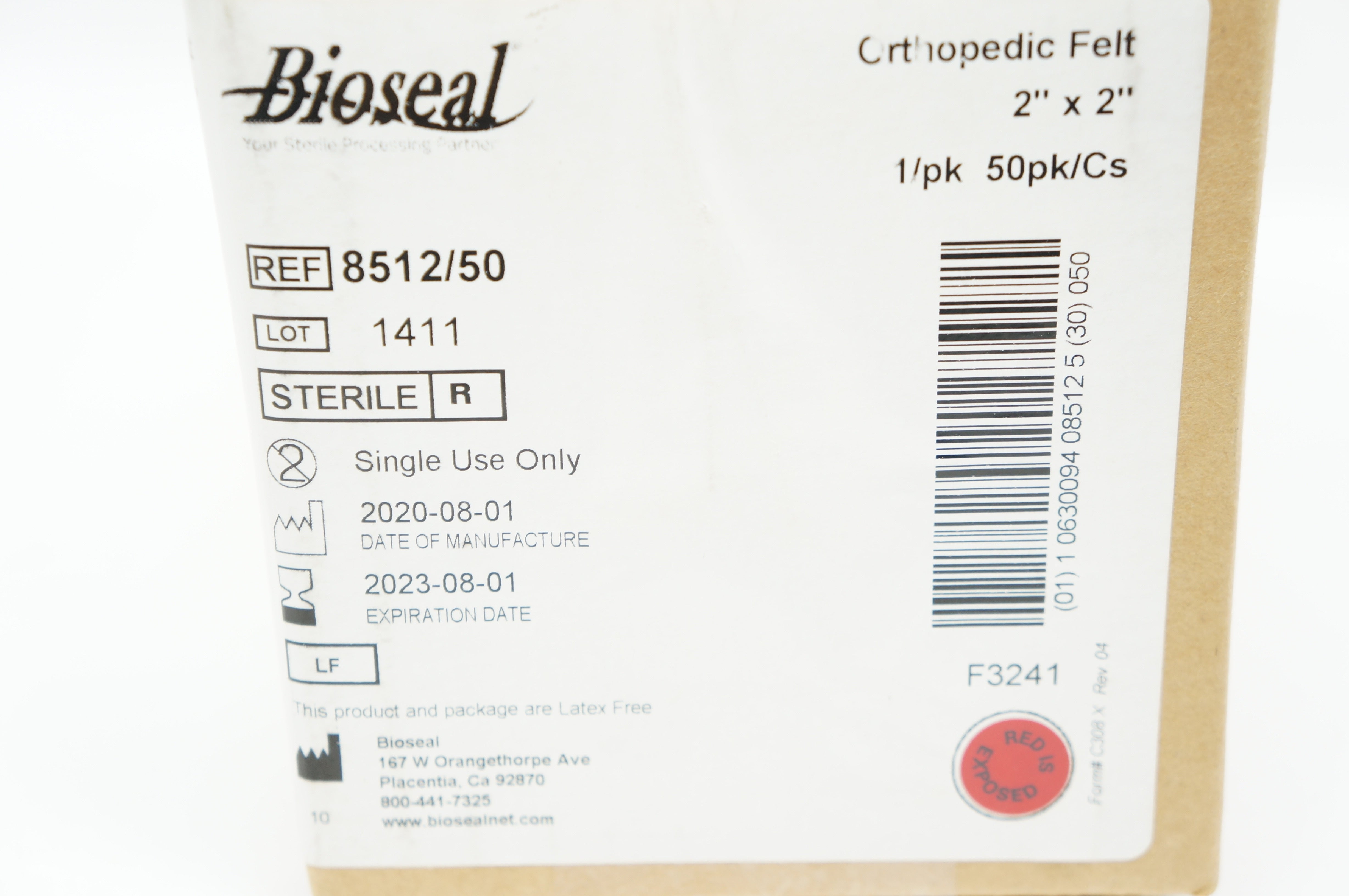 Bioseal 8512/50 Orthopedic Felt 2inch x 2inch - Case of 50