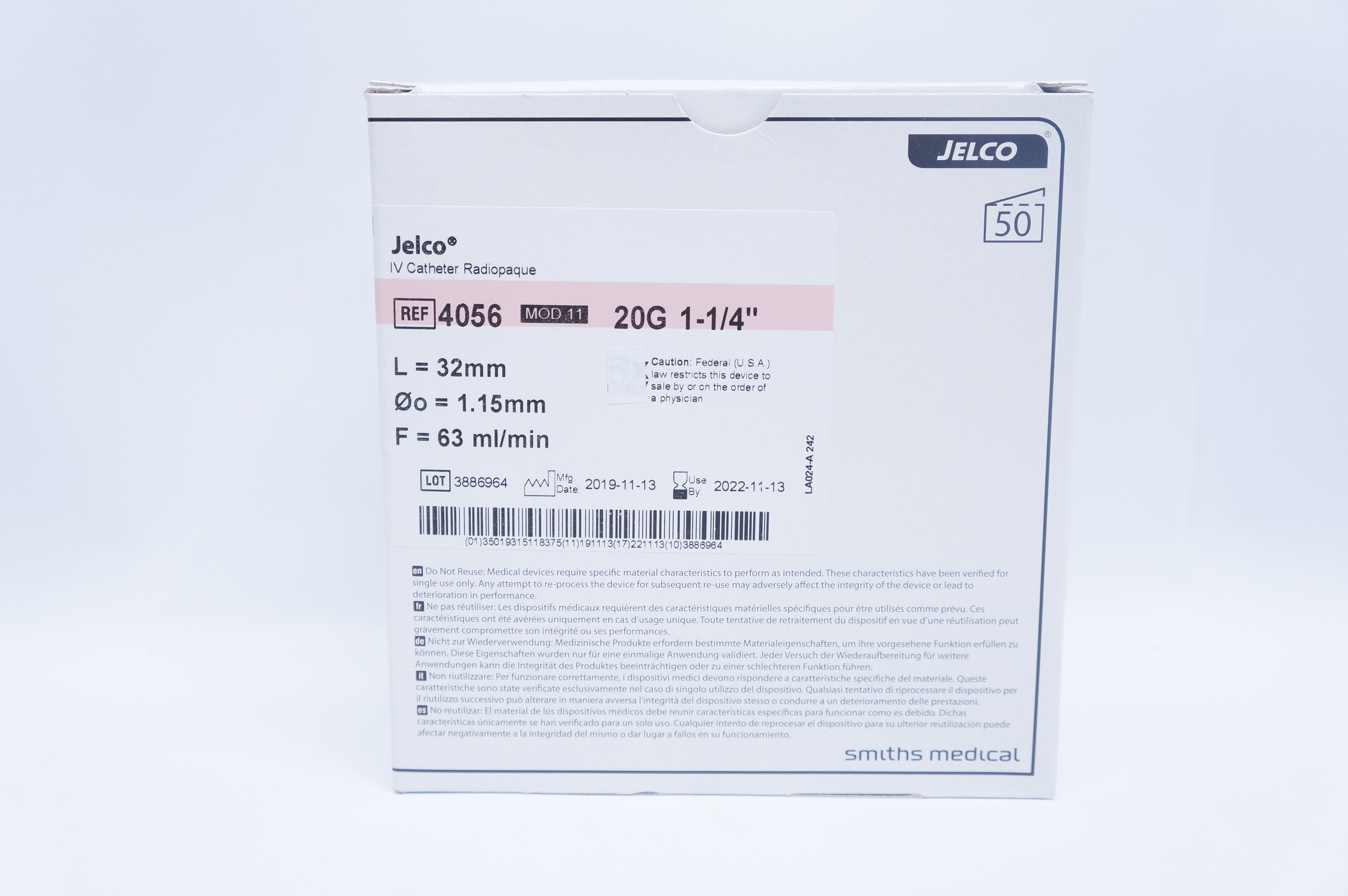 Smiths 4056 IV Cath. Radiopaque Mod 11 20G 32 x 1.15mm 63ml/min - Box of 50