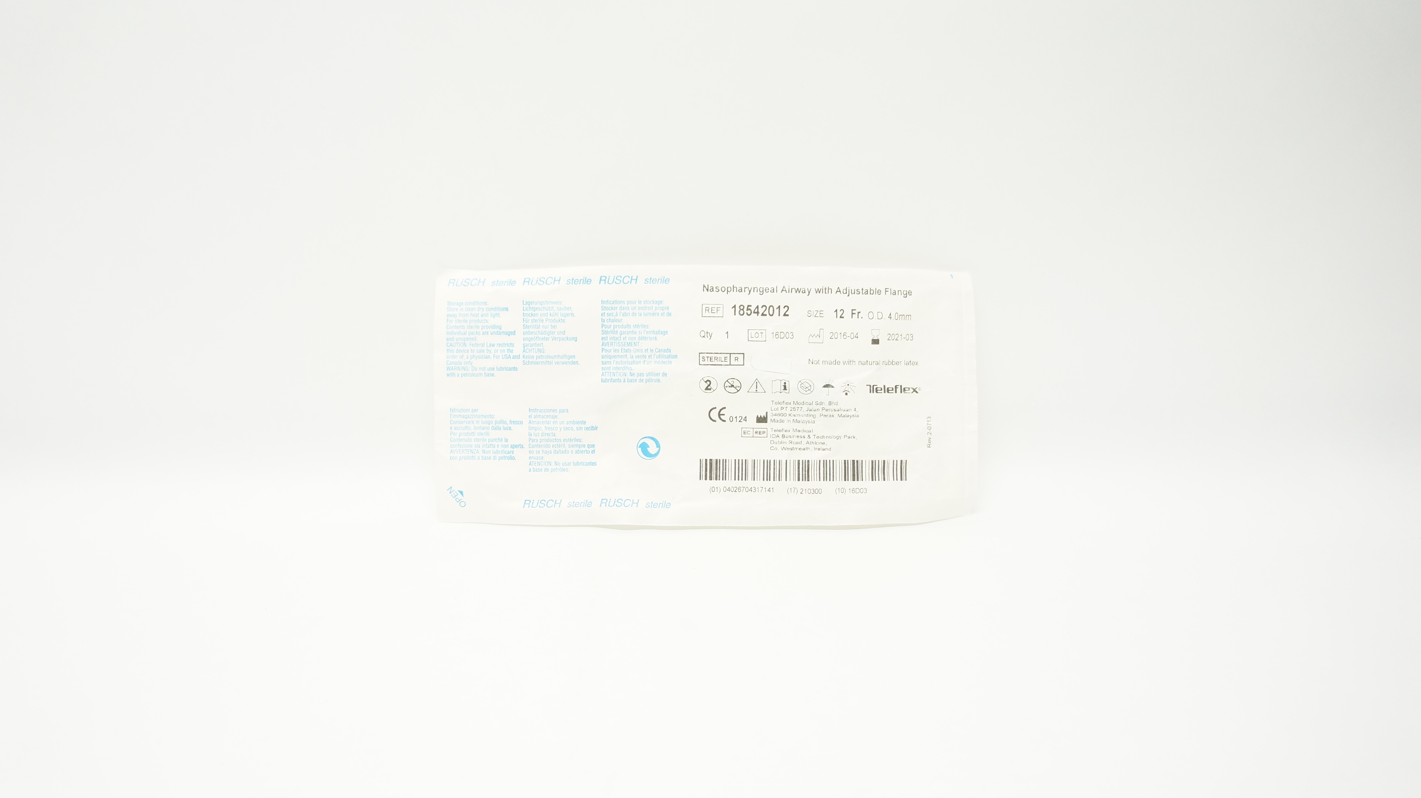 Teleflex 18542012 Rusch Nasopharyngeal Airway w/Adjustable Flange 12Frx40mmOD(x)